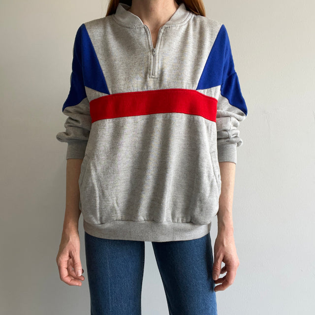 1980s Color Block 1/4 Zip with Pockets Sweatshirt