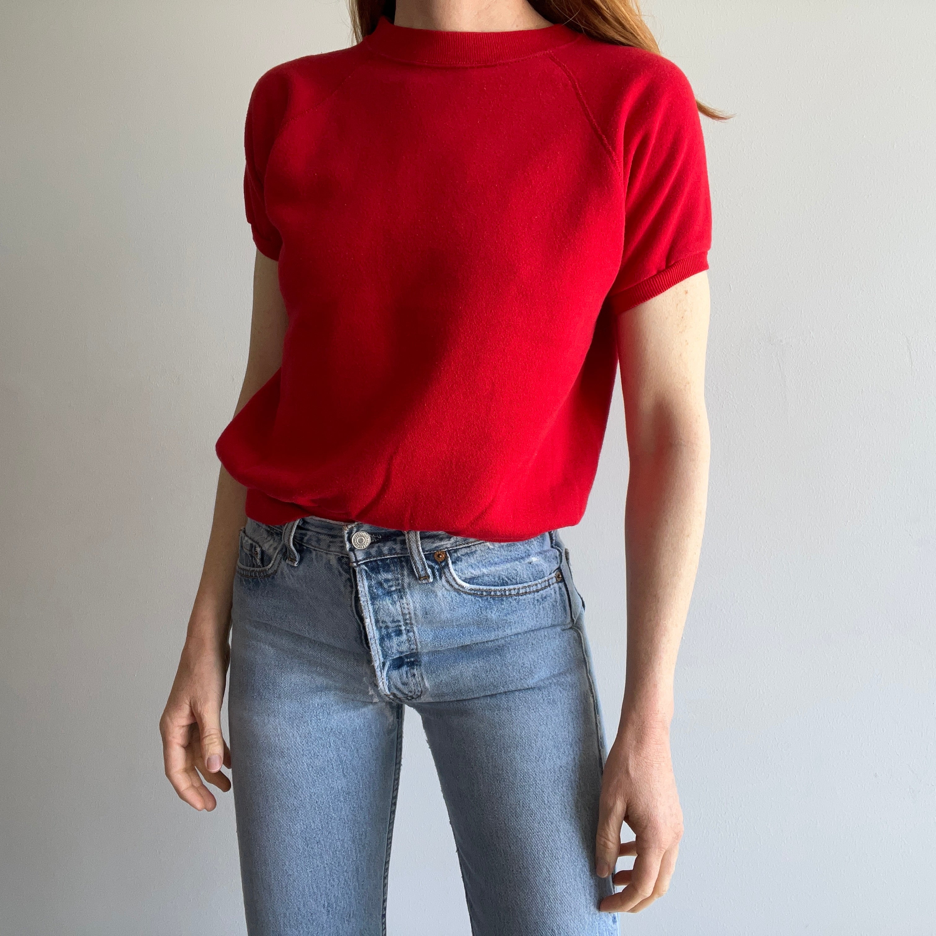 1980s Blank Red Warm Up Short Sleeve Sweatshirt