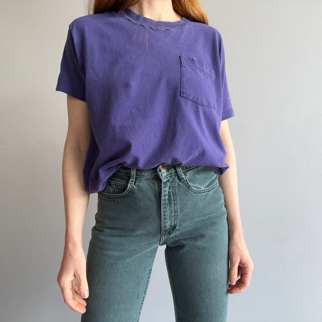 1980s Perfectly Worn and Bleach Stained Purple Single Stitch Selvedge Pocket T-Shirt