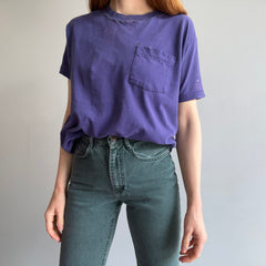 1980s Perfectly Worn and Bleach Stained Purple Single Stitch Selvedge Pocket T-Shirt