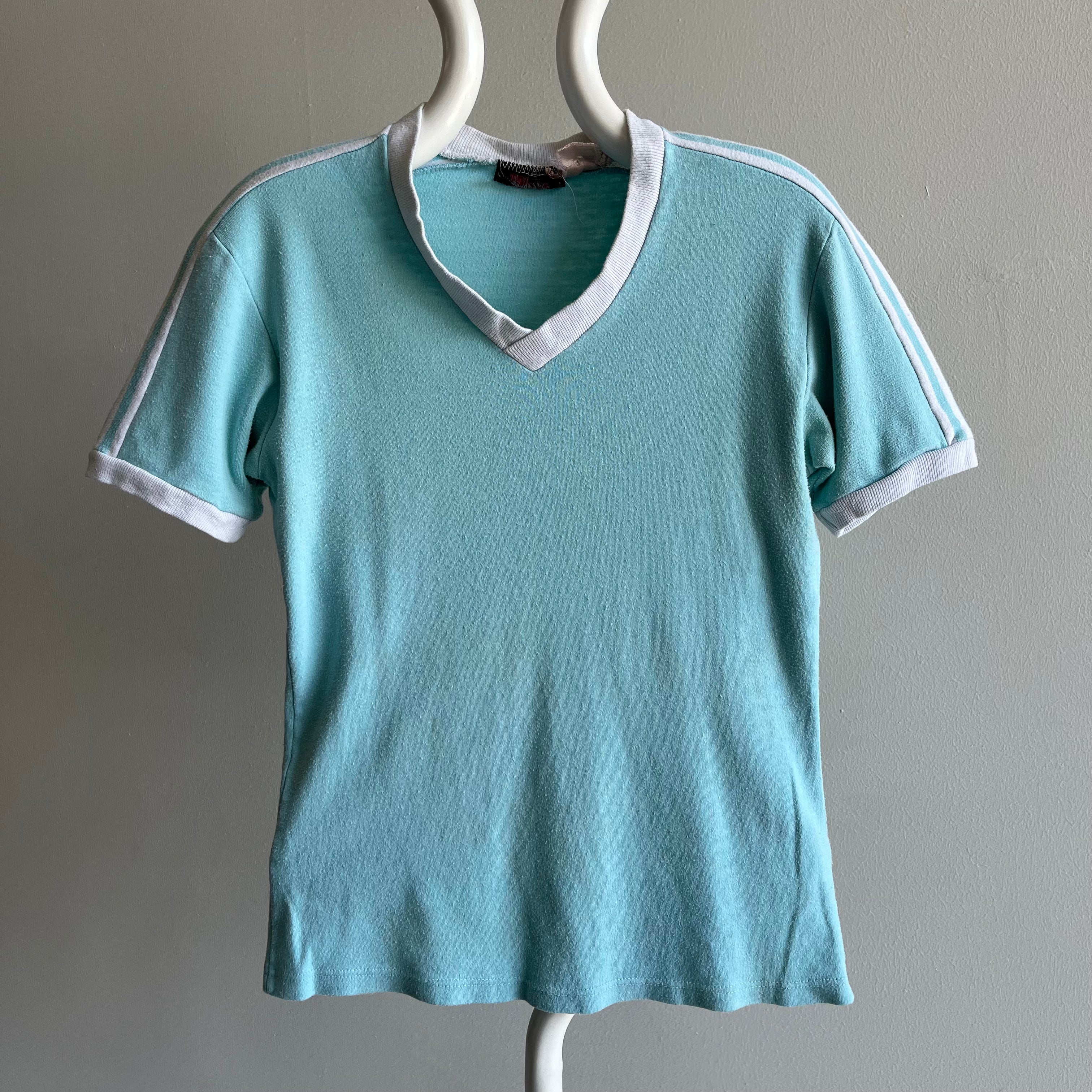 1970s V-Neck Shoulder Stripe Seafoam Green/Blue Fitted T-Shirt