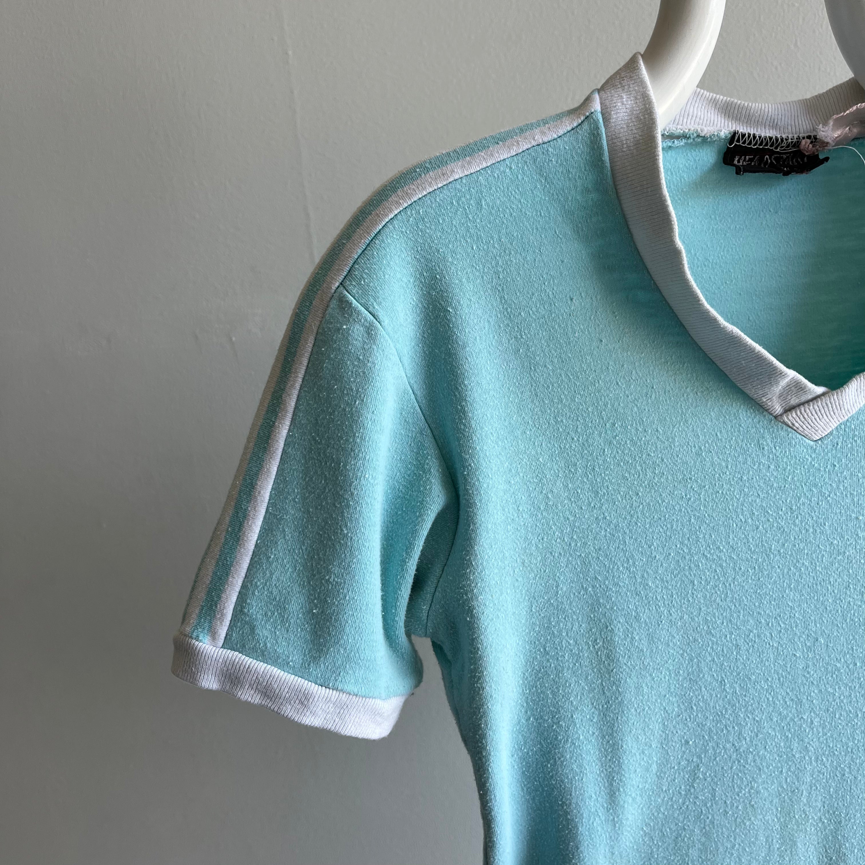 1970s V-Neck Shoulder Stripe Seafoam Green/Blue Fitted T-Shirt