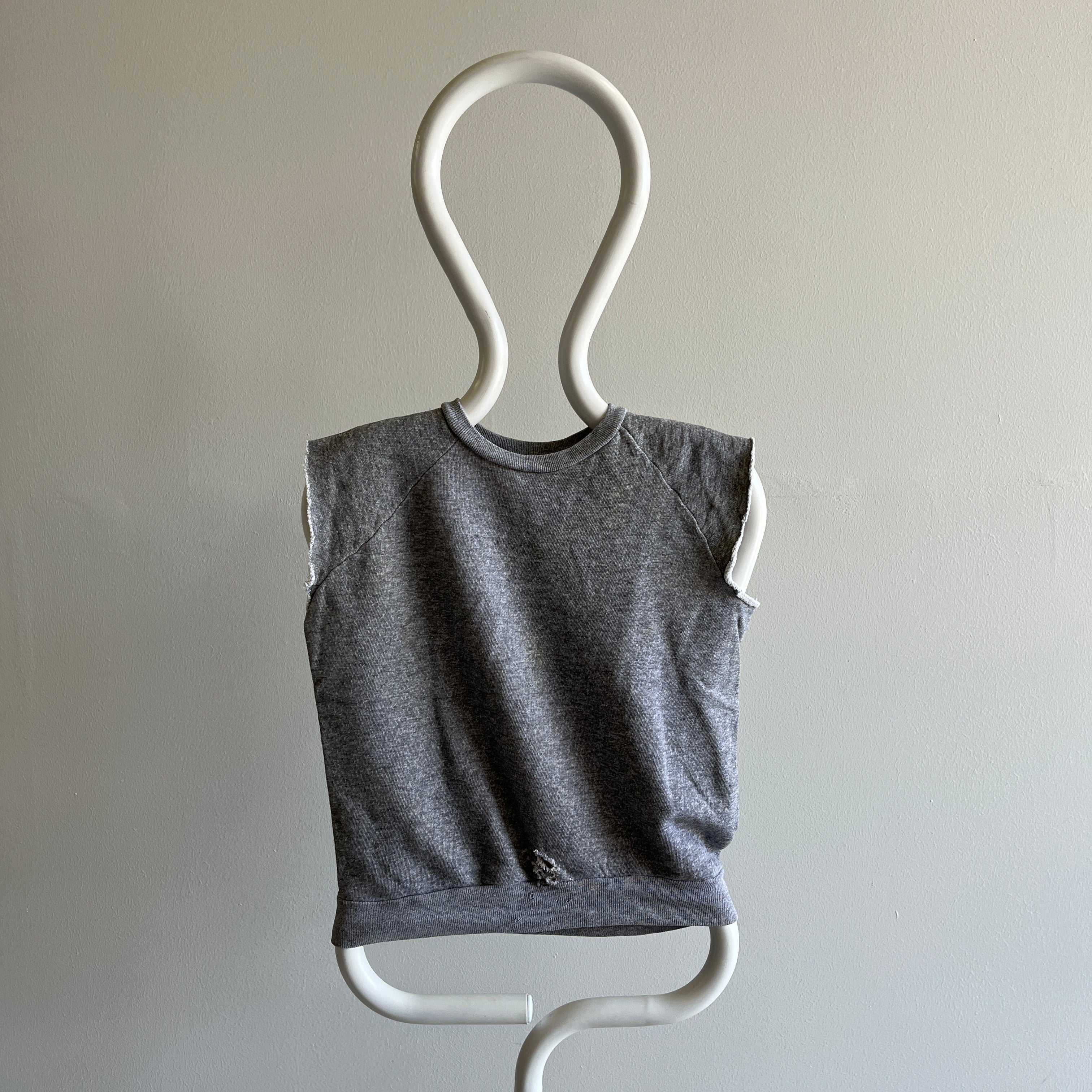 1970s DIY Muscle Sweatshirt on a Mostly Cotton Blend Blank Gray Sweatshirt - BEAT UP