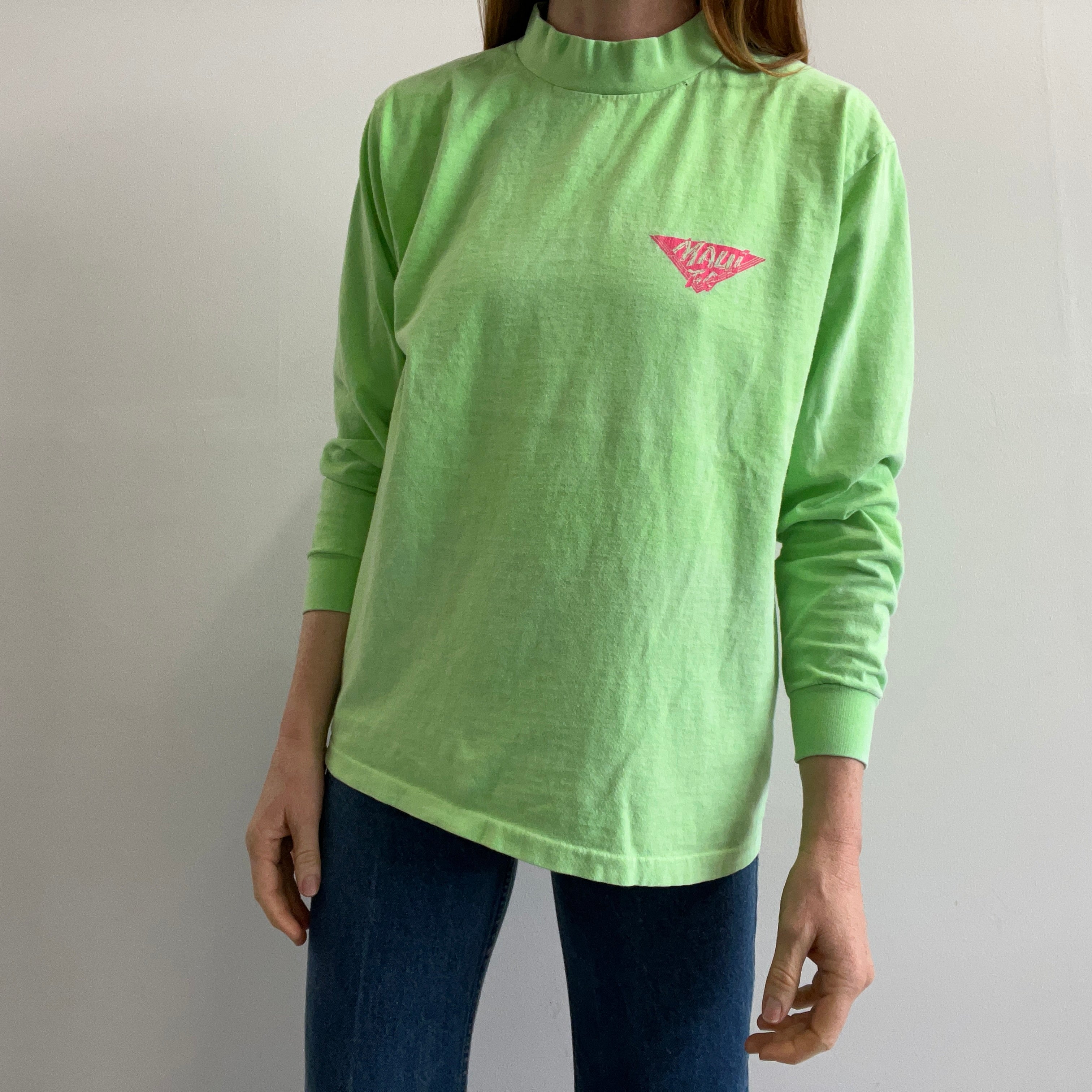 T-shirt en coton vert fluo à manches longues et col montant Maui des années 1980