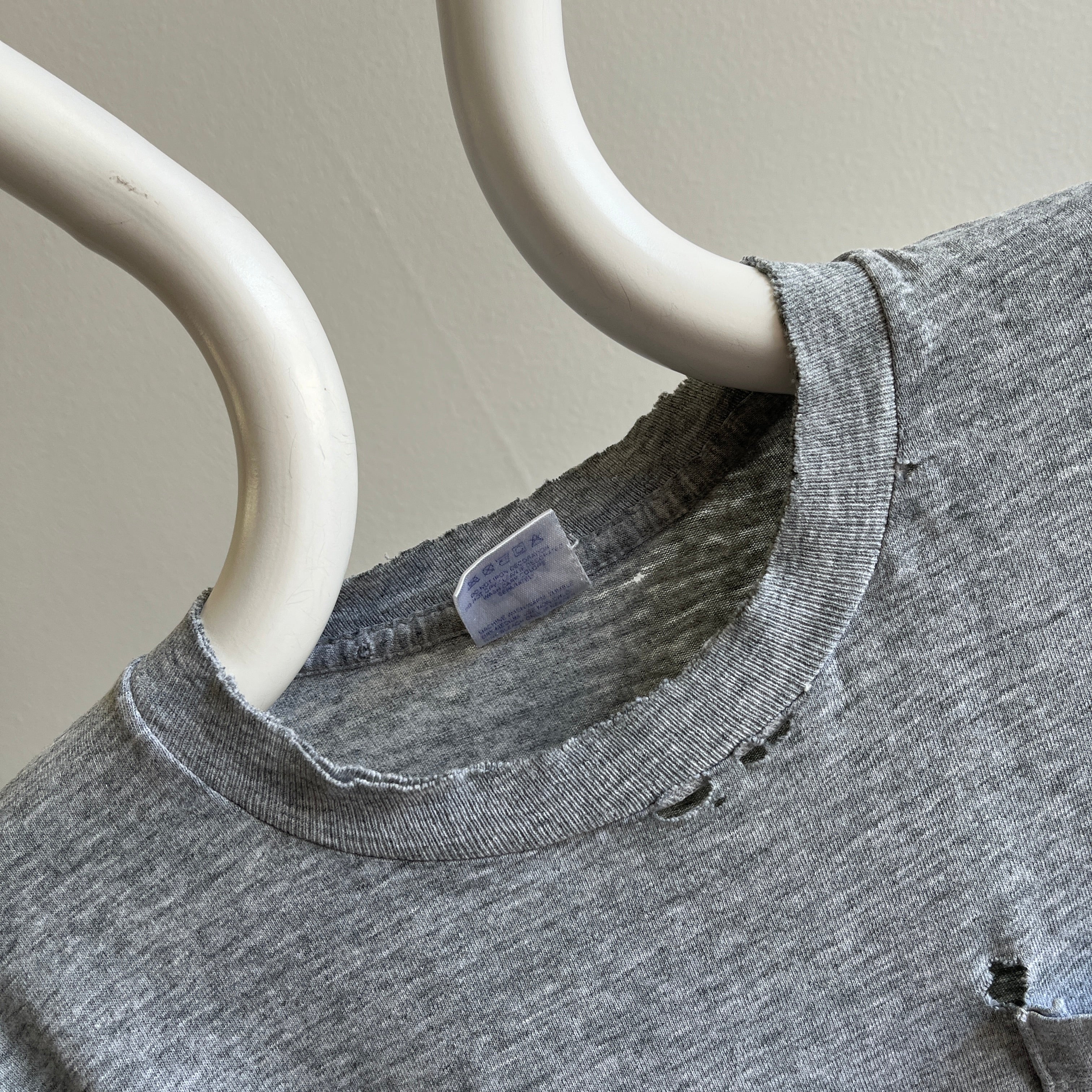 1980s Beat Up Thin and Worn Blank Gray Pocket T-Shirt by BVD