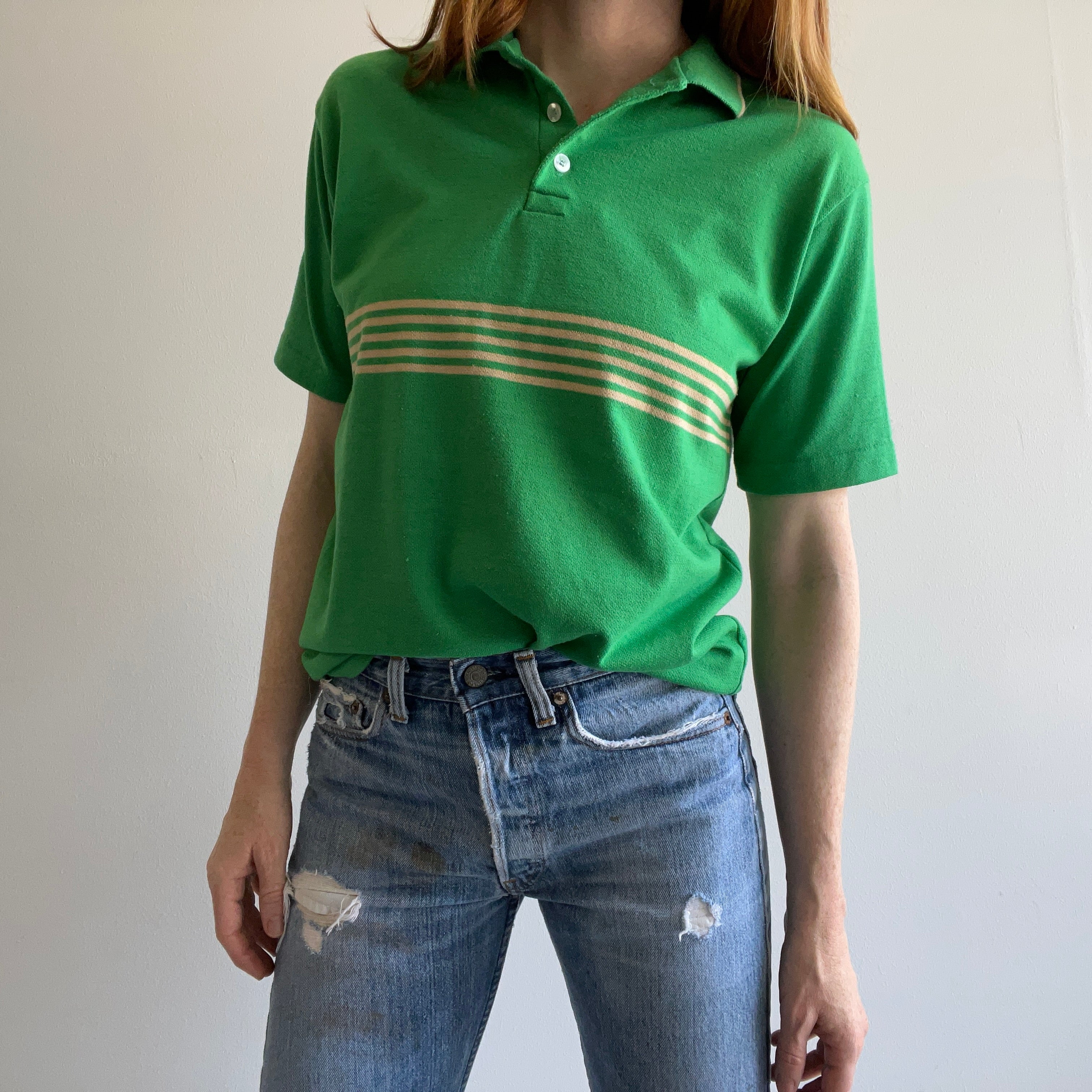 1980s Kelly Green and Gold Striped Polo T-Shirt