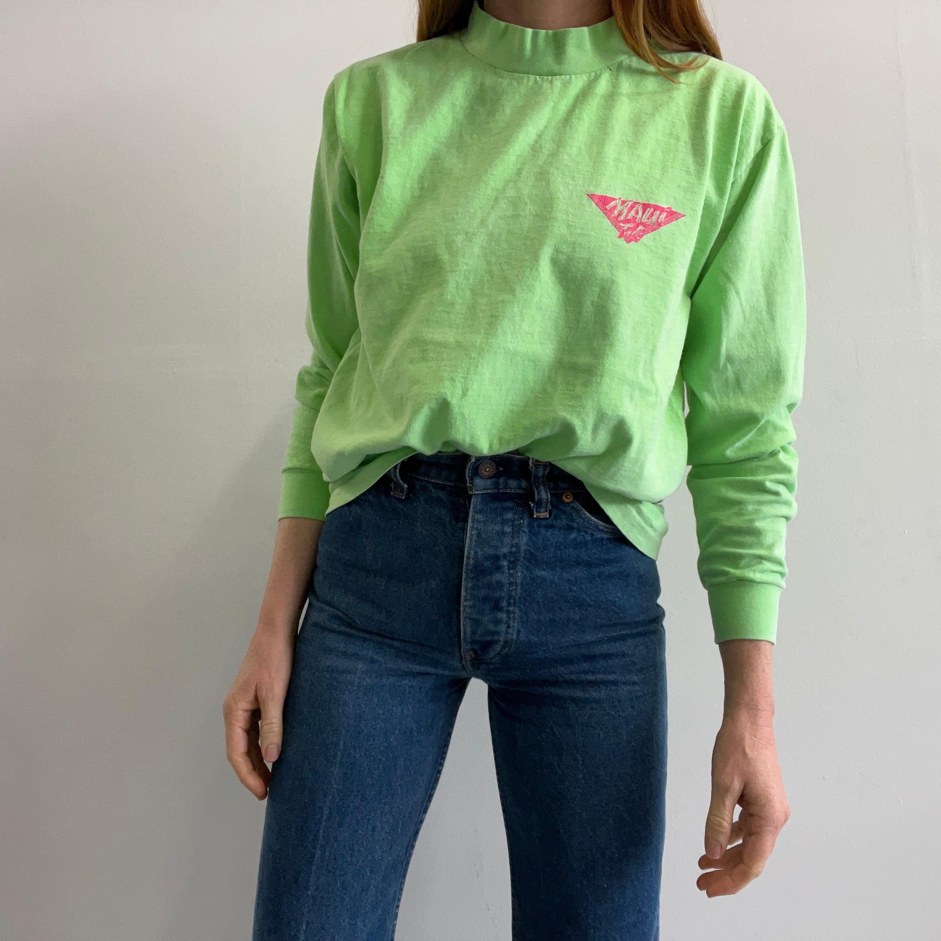 1980s Maui Mock Neck Long Sleeve Neon Green Cotton T-Shirt