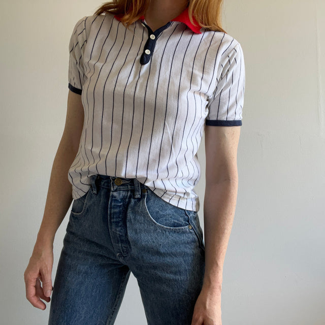 GG 1980s Super Cool Striped Red White and Blue Polo T-Shirt