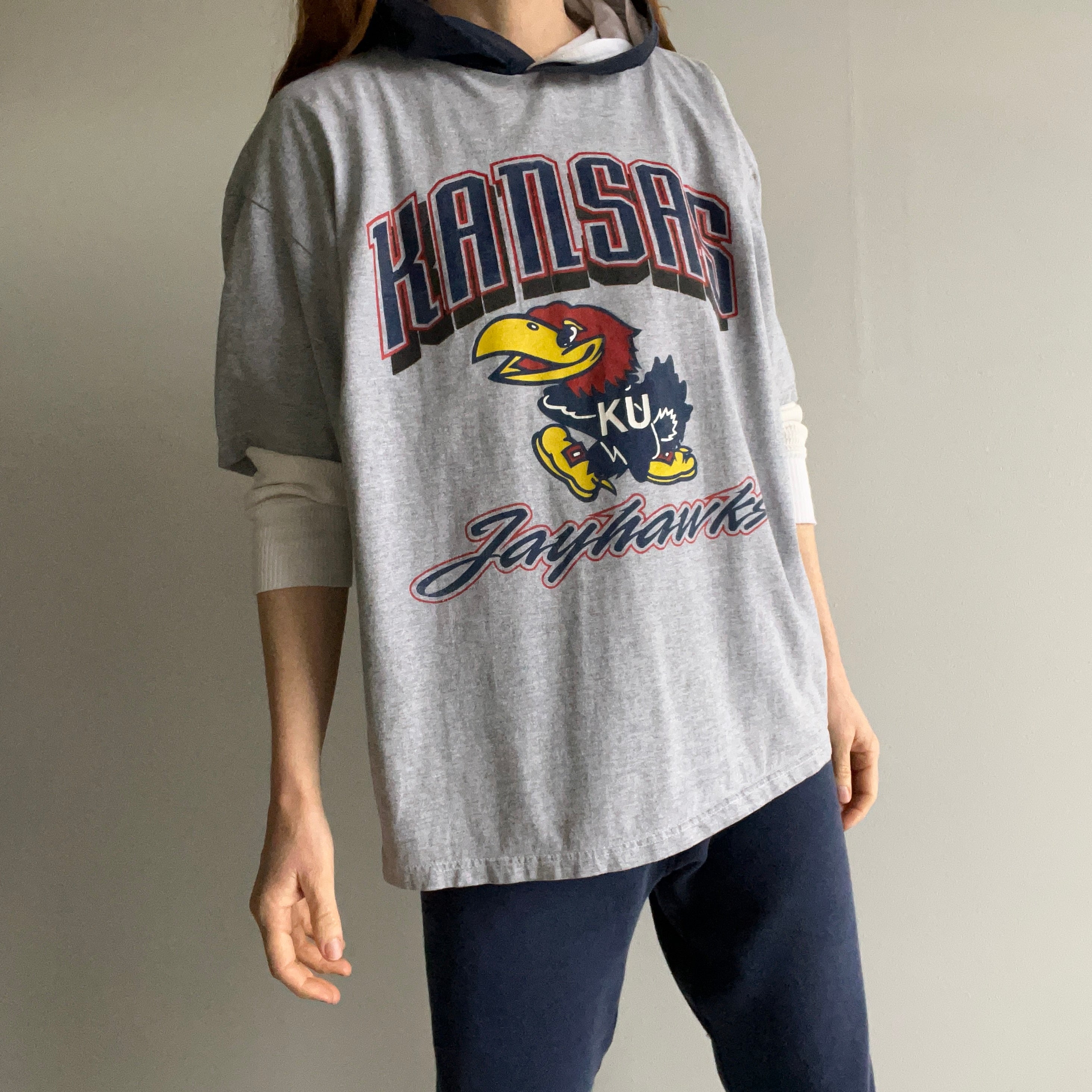 1990s Kansas University Jayhawks Oversized T-Shirt Hoodie - Oh My!