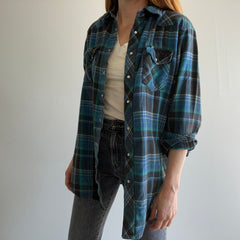 1990s Super SOft Lightweight Wrangler Tall Man Western Flannel - Blues