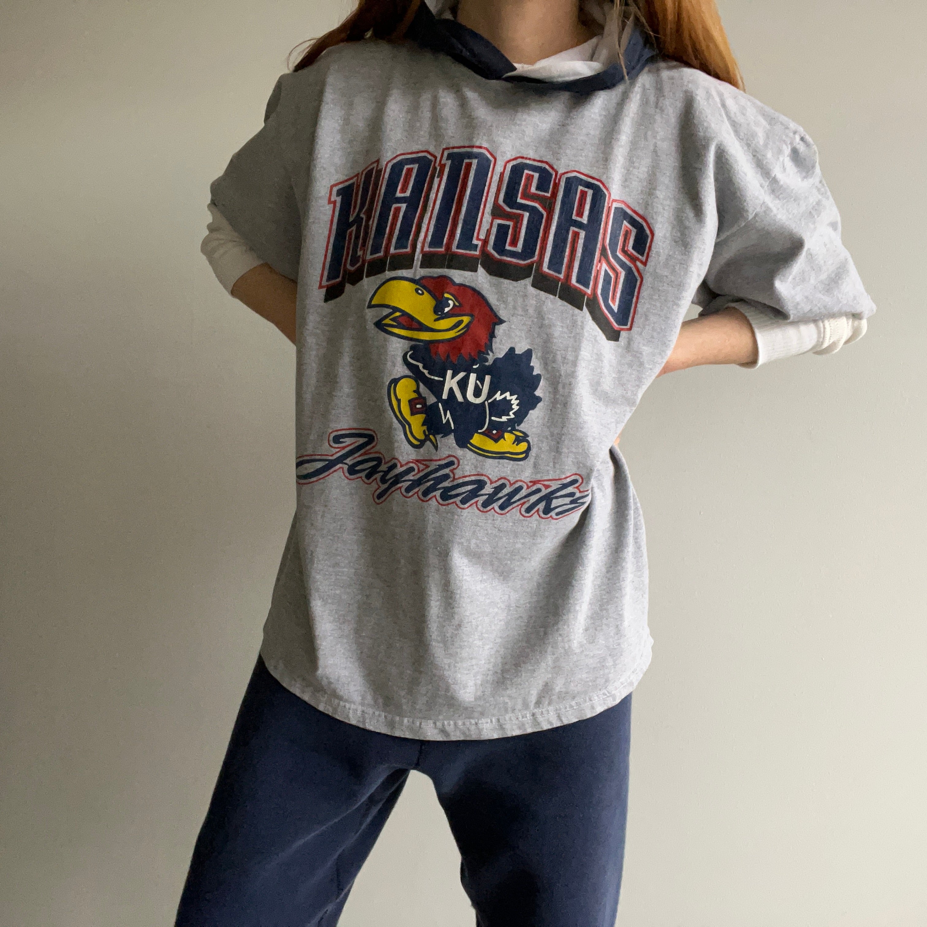 1990s Kansas University Jayhawks Oversized T-Shirt Hoodie - Oh My!