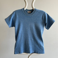T-shirt bleu chiné blanc extensible en tricot épais des années 1960/70 (consultez l'étiquette !!)