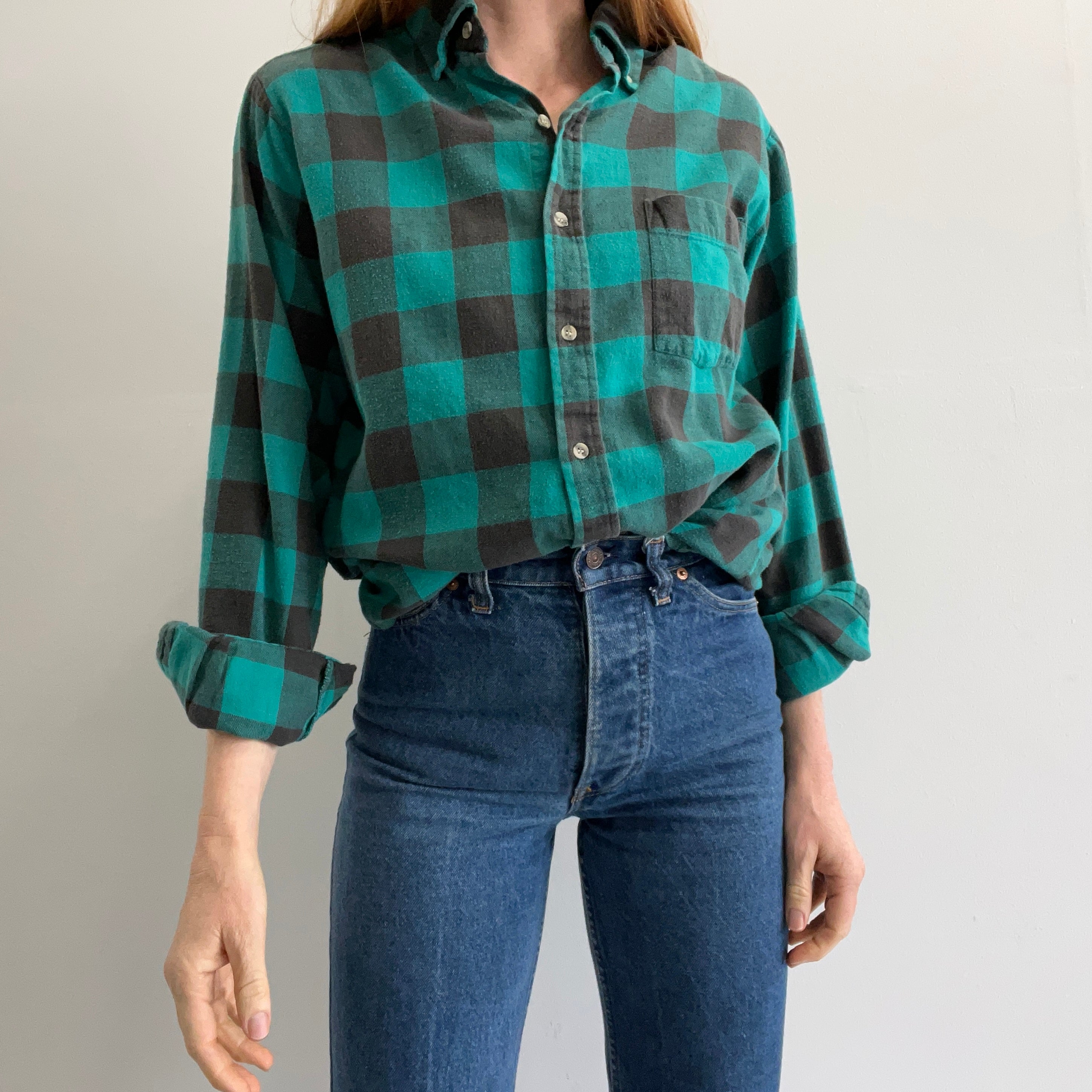 1980/90s Super Soft Green/Teal Buffalo Plaid Super Soft Cotton Flannel