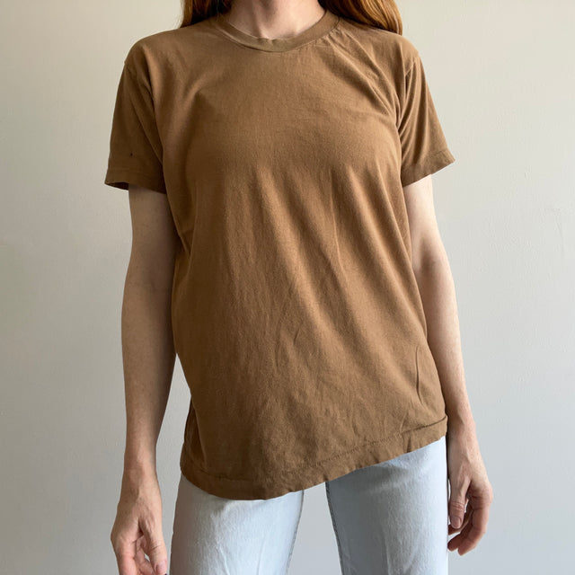 T-shirt en coton peigné marron kaki vierge des années 1980