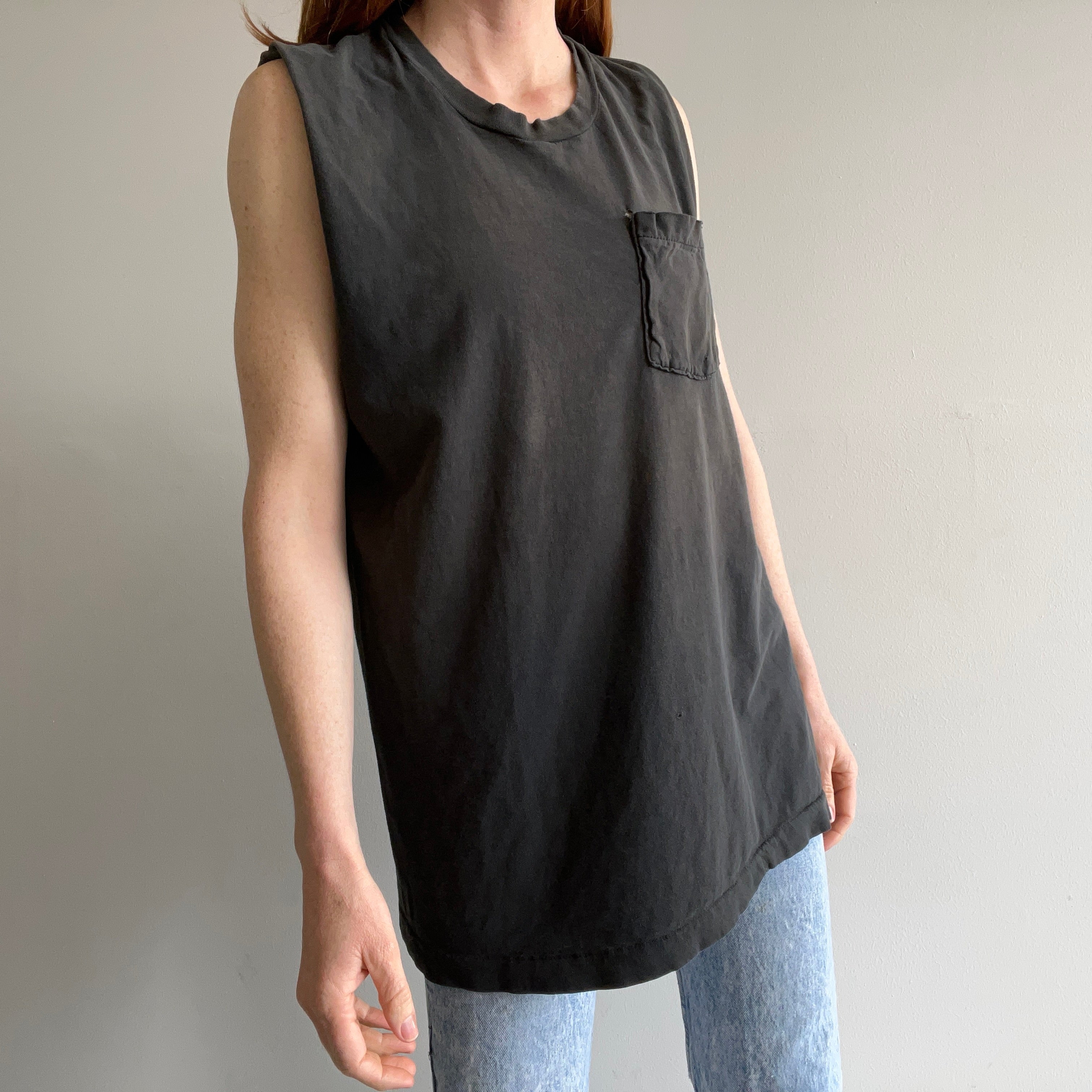 1980s Unevenly Cut Up Blank Black Muscle Tank
