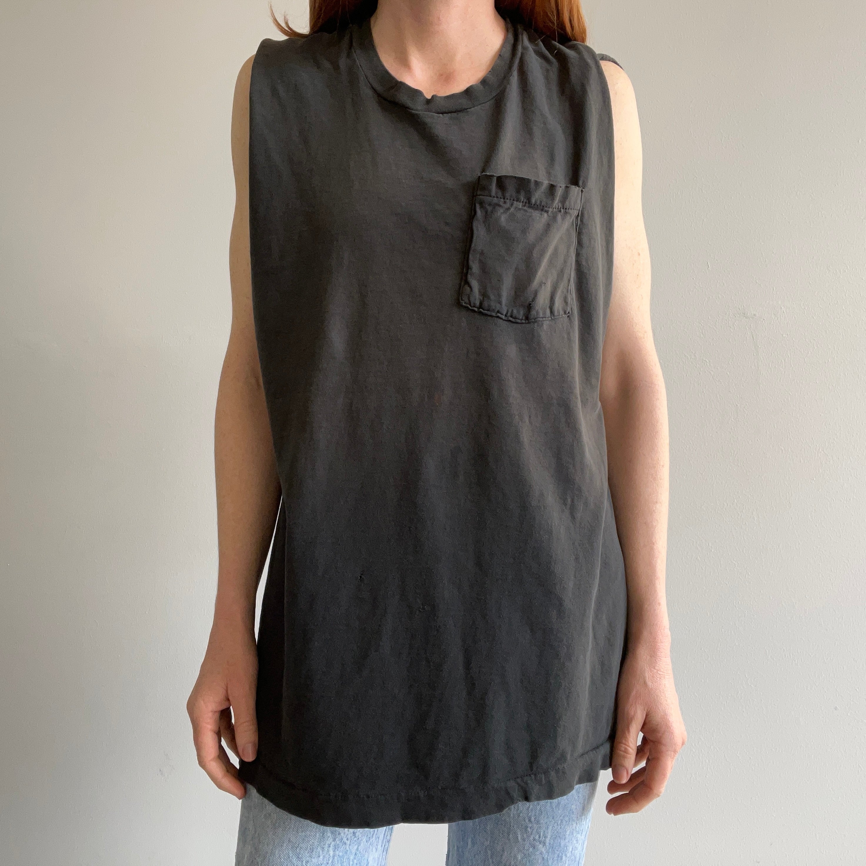 1980s Unevenly Cut Up Blank Black Muscle Tank