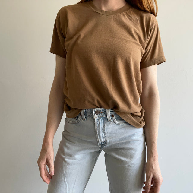 T-shirt en coton peigné marron kaki vierge des années 1980