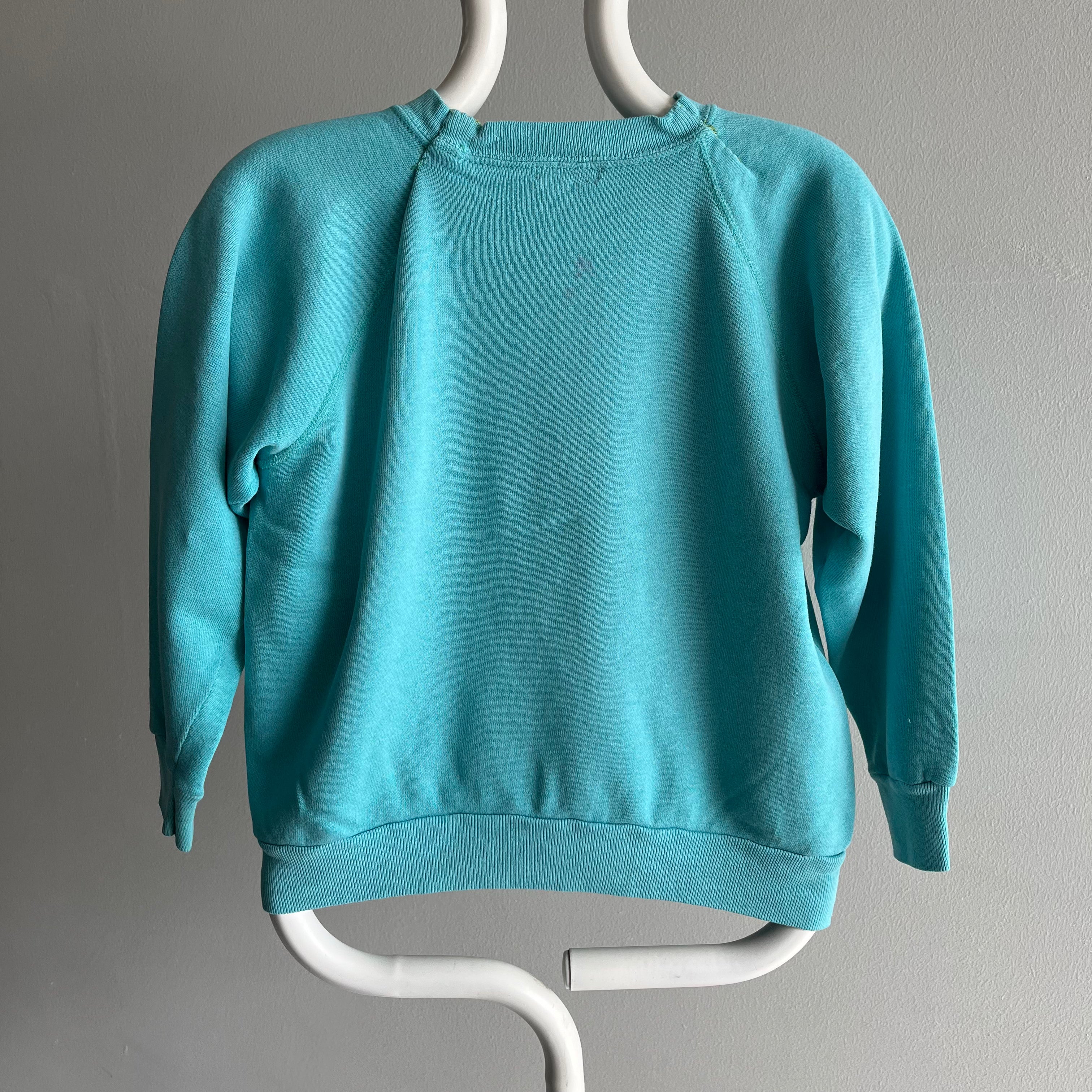 1980s Smaller Blank Agua/Teal Raglan - With DIY Mending!