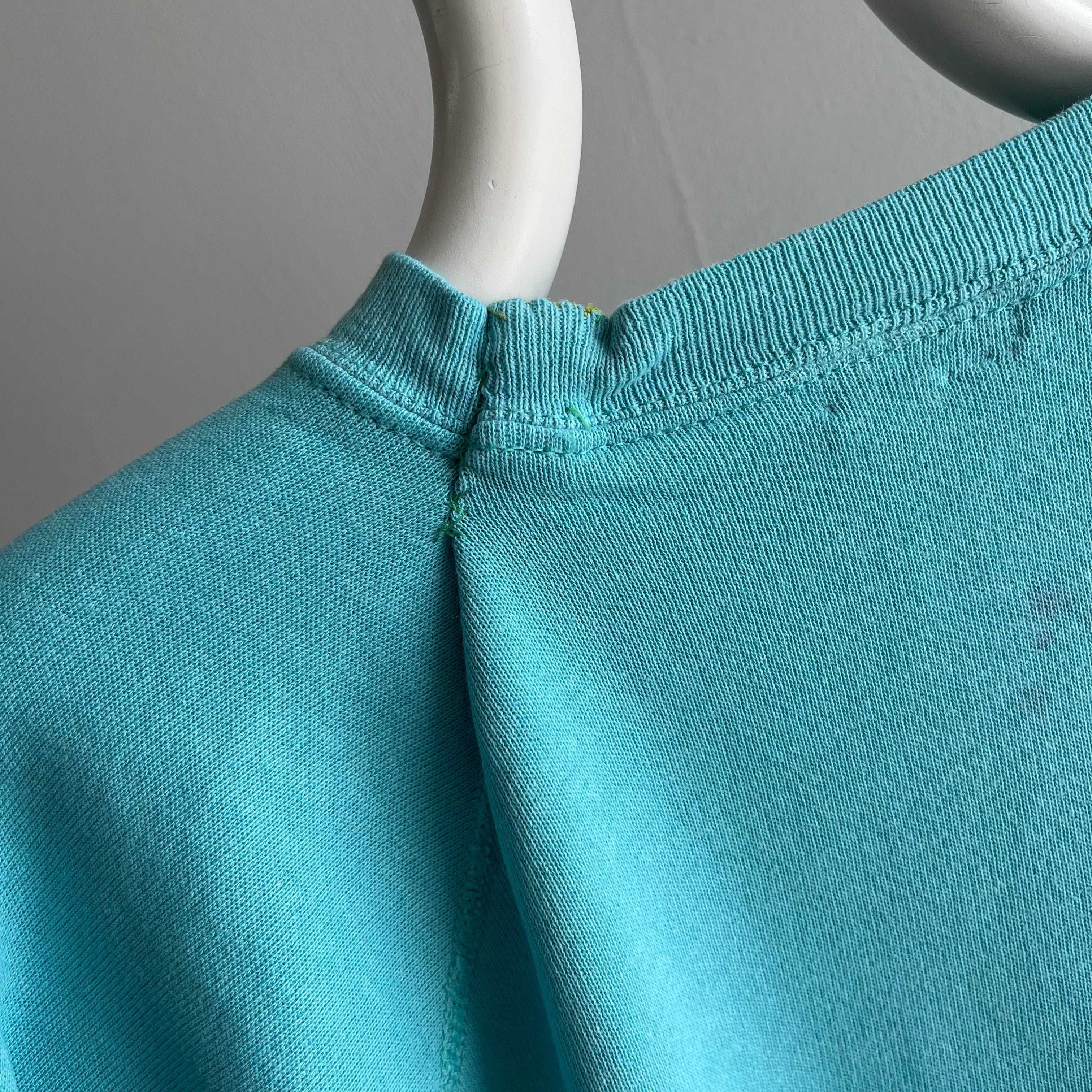 1980s Smaller Blank Agua/Teal Raglan - With DIY Mending!