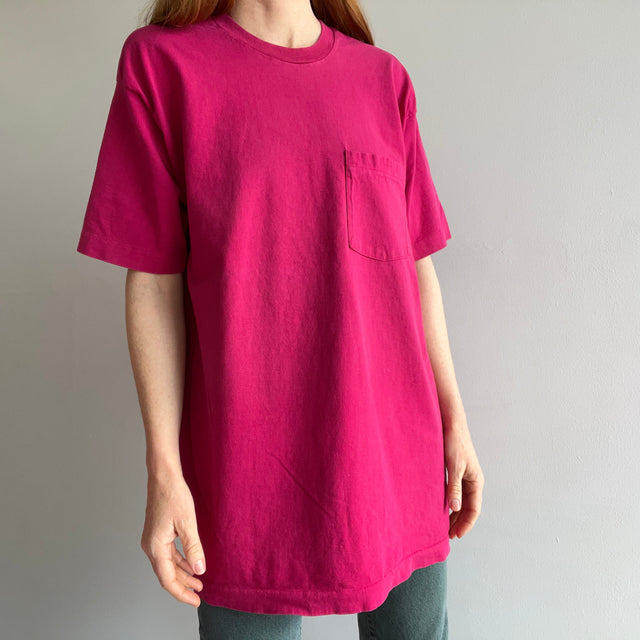 T-shirt à poche lisière en coton FOTL rose magenta chaud des années 1980 - Long