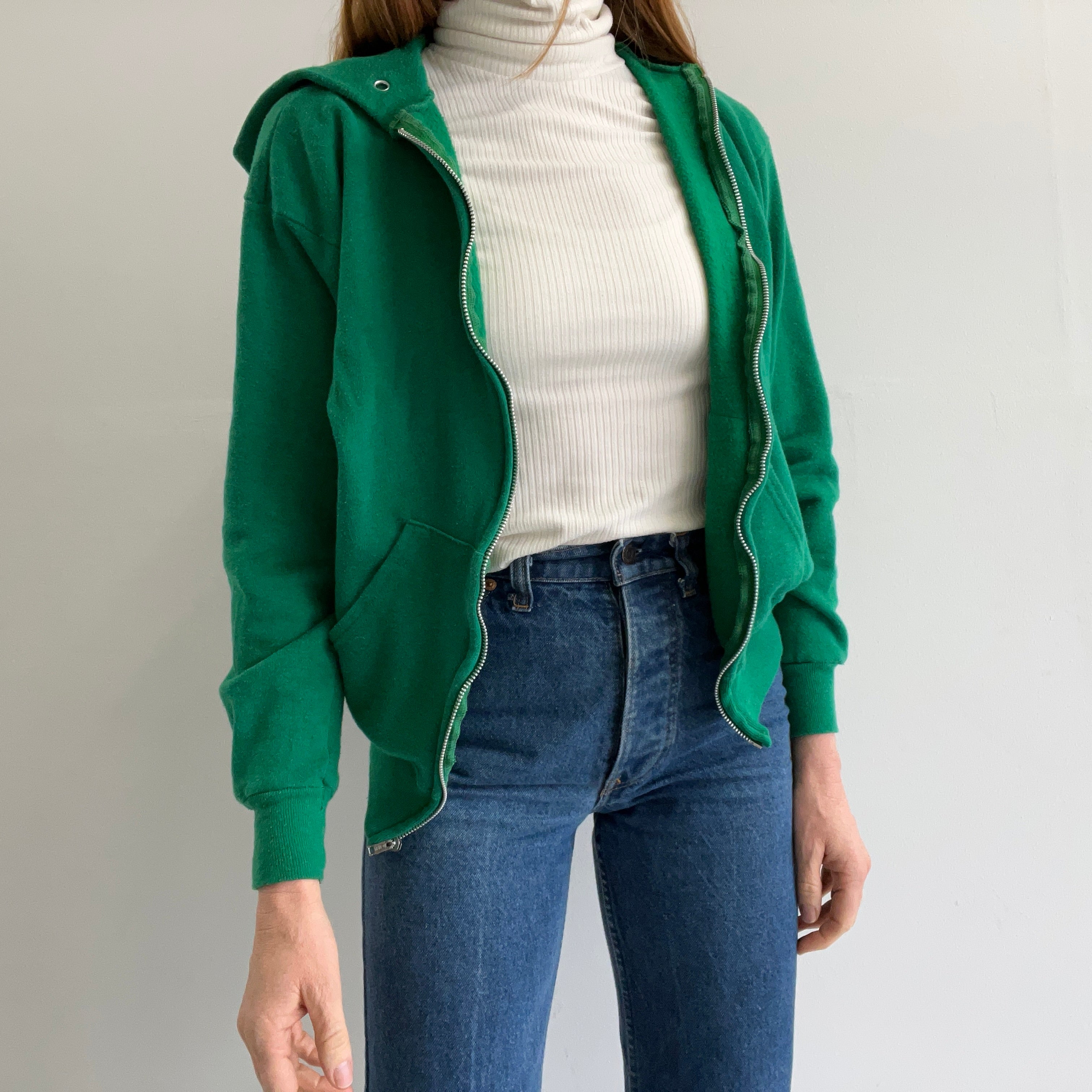 1980s Kelly Green Sweat à capuche zippé doux