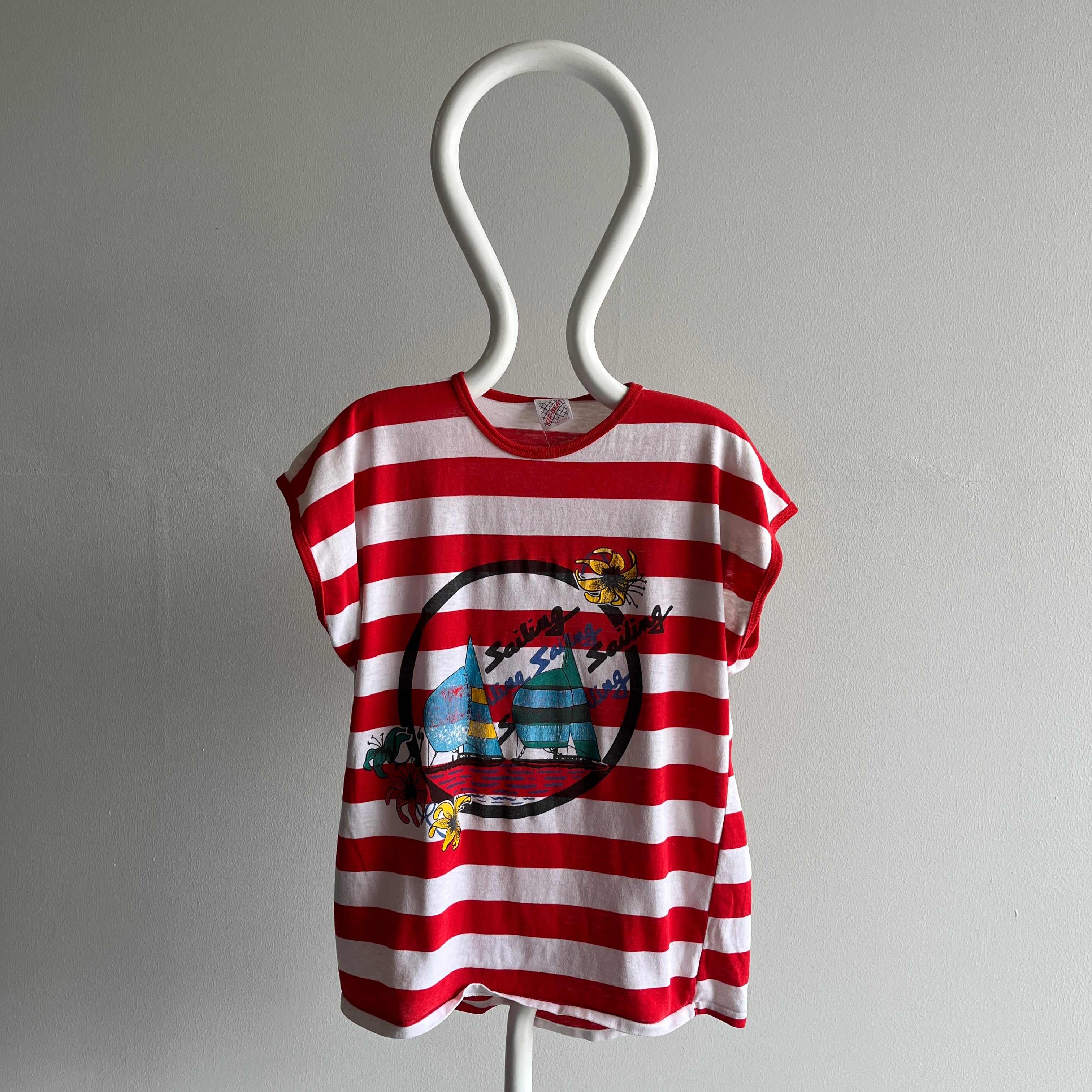 1980s Sailing Sailing Sailing Striped Muscle T-Shirt