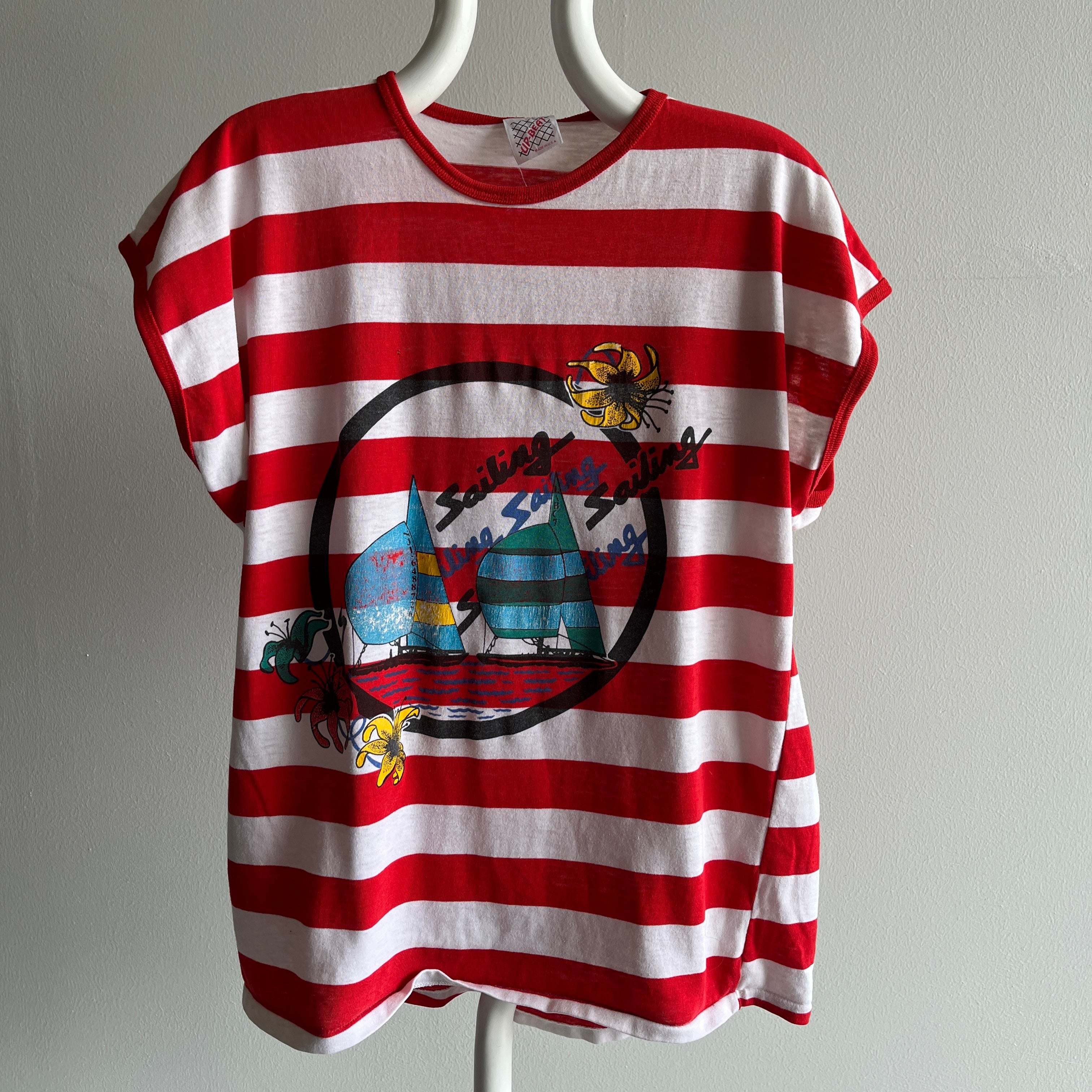 1980s Sailing Sailing Sailing Striped Muscle T-Shirt