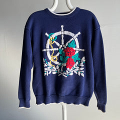 Pull en tricot de coton nautique et floral Eddie Bauer des années 1990