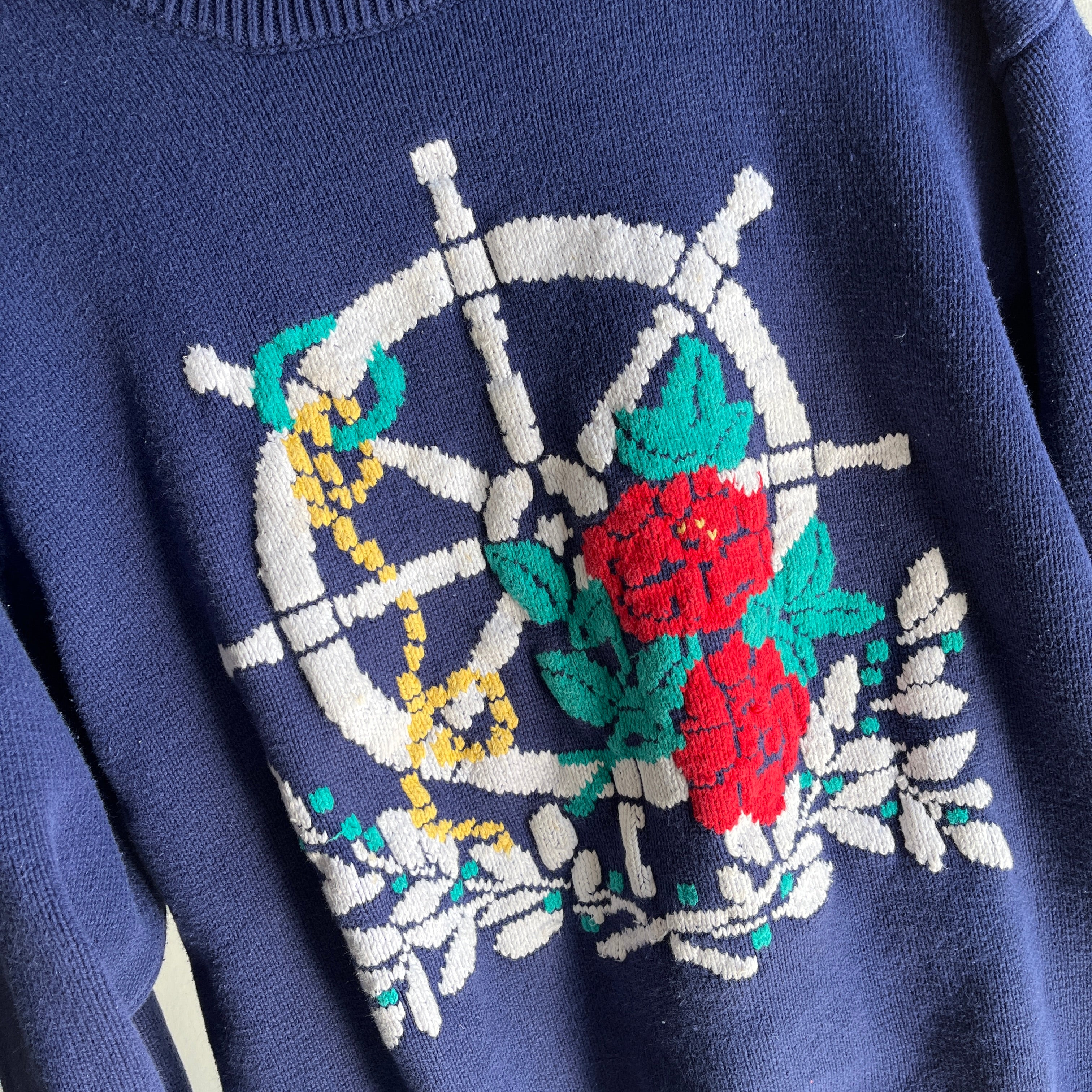 Pull en tricot de coton nautique et floral Eddie Bauer des années 1990