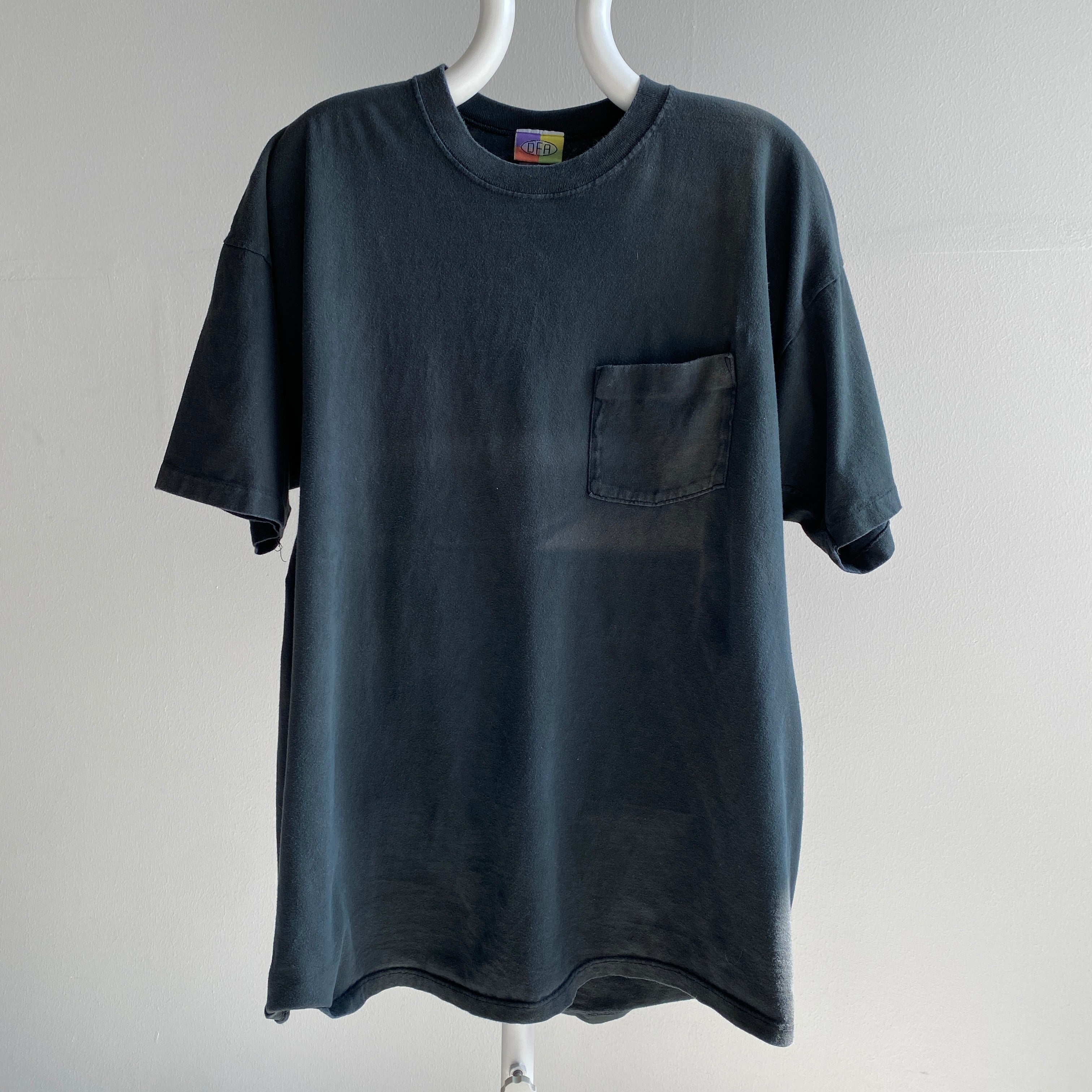 1980s Lovely Fold Fades Blank Black Cotton Pocket T-Shirt