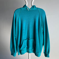 1980s Paper Thin, Worn, Slouchy, Beat Up Teal Sweat à capuche épais