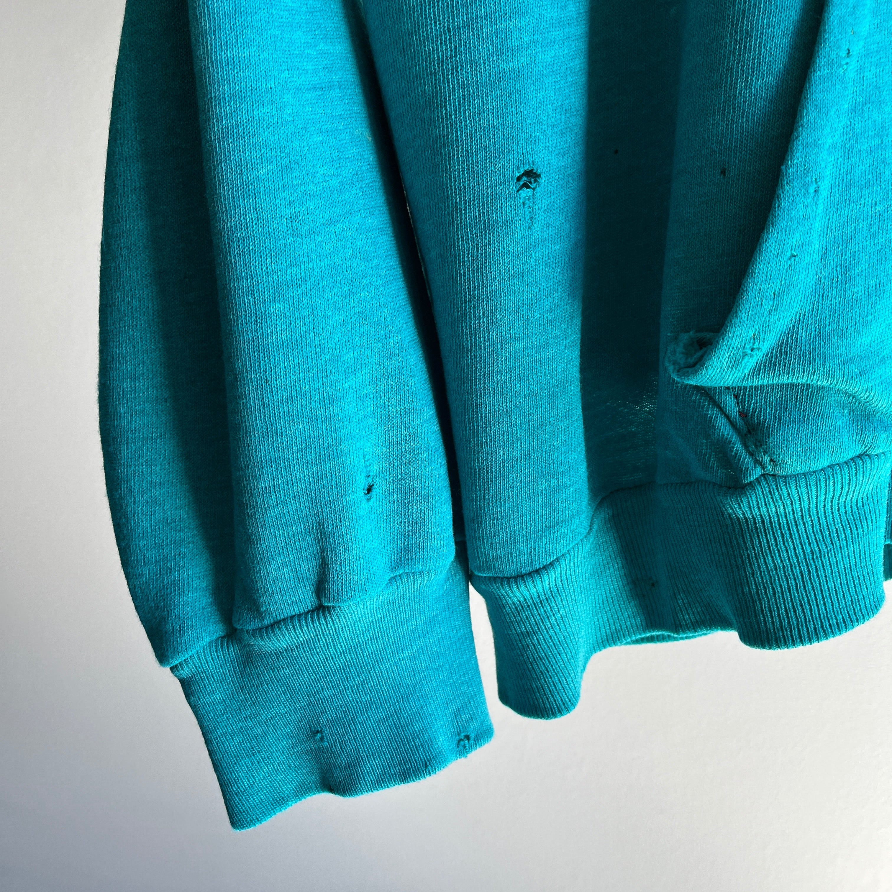 1980s Paper Thin, Worn, Slouchy, Beat Up Teal Sweat à capuche épais