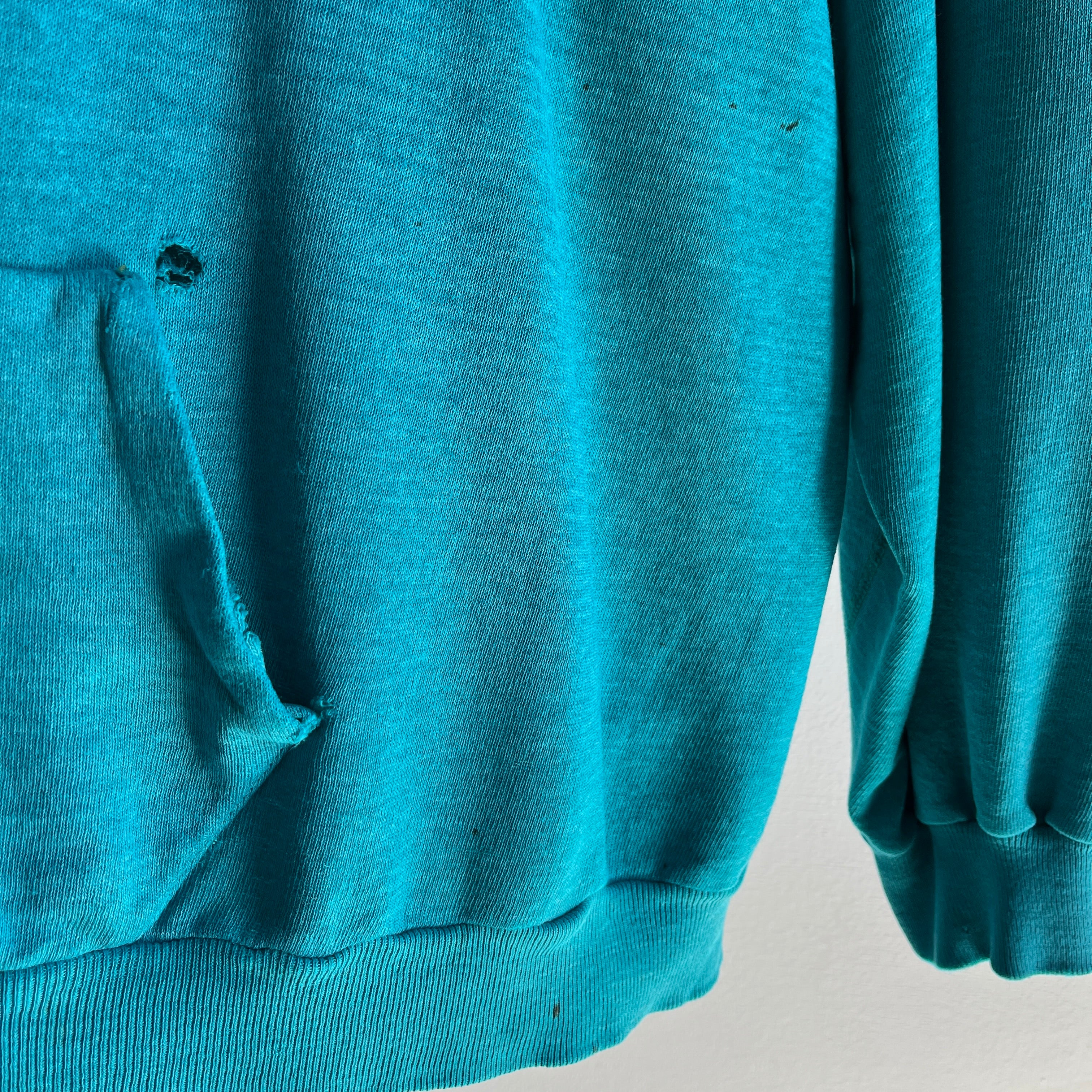 1980s Paper Thin, Worn, Slouchy, Beat Up Teal Pullover Hoodie