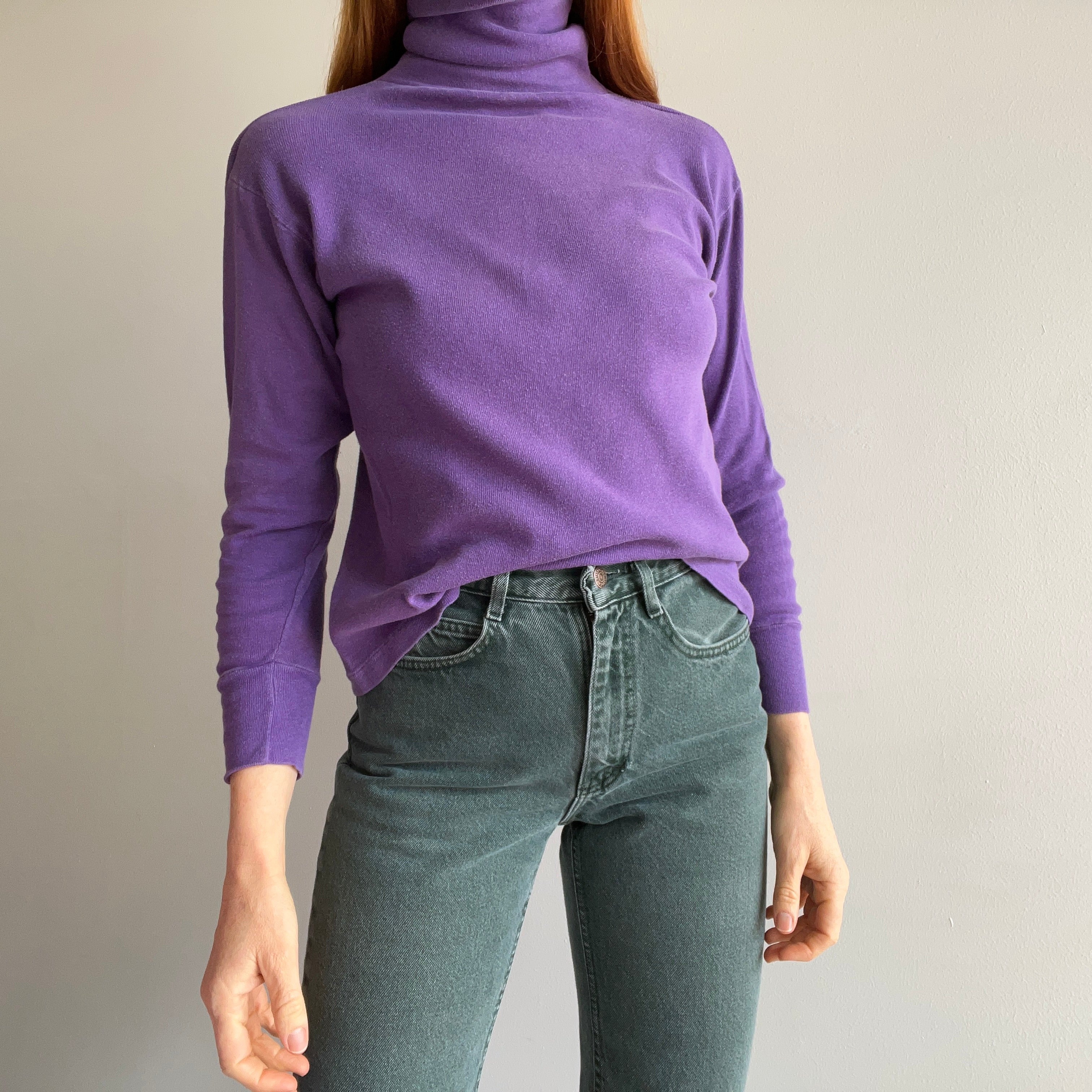 1970s Blank Purple Cotton Knit Turtleneck