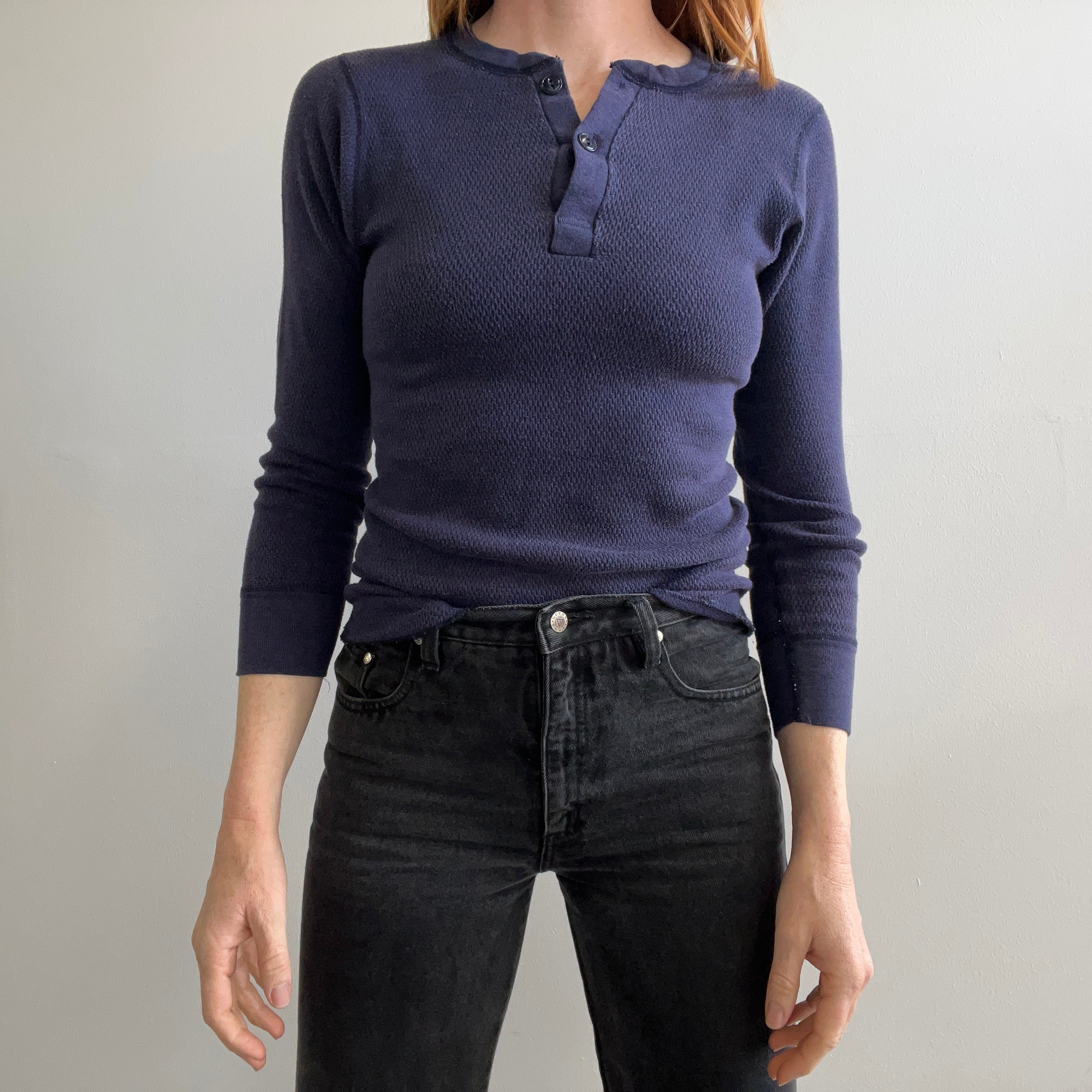 1970s Hanes (Check out the tag!) Navy Henley Thermal