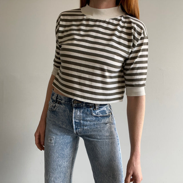 1980s Striped 1/2 Sleeve Mock Neck Crop