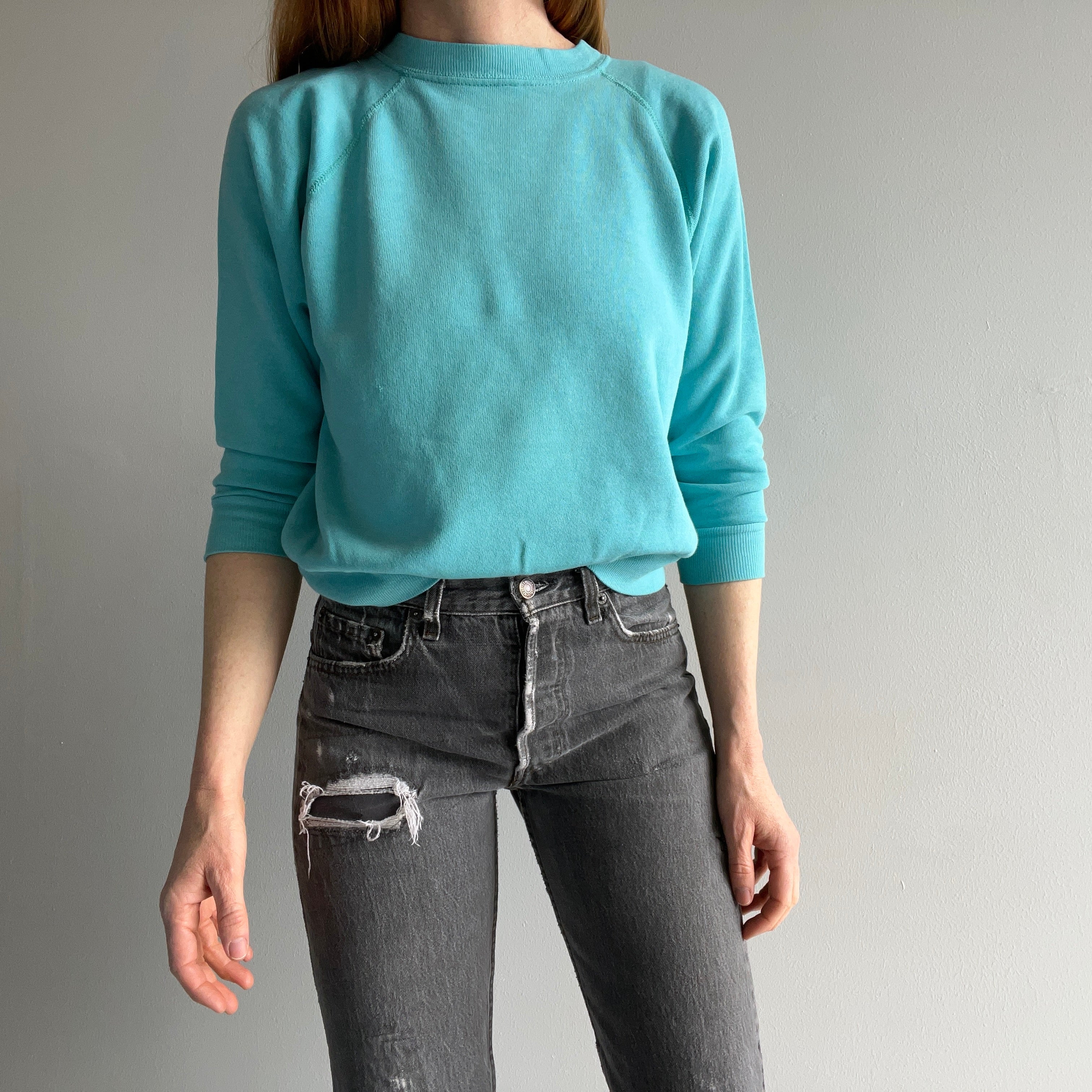 1980s Smaller Blank Agua/Teal Raglan - With DIY Mending!