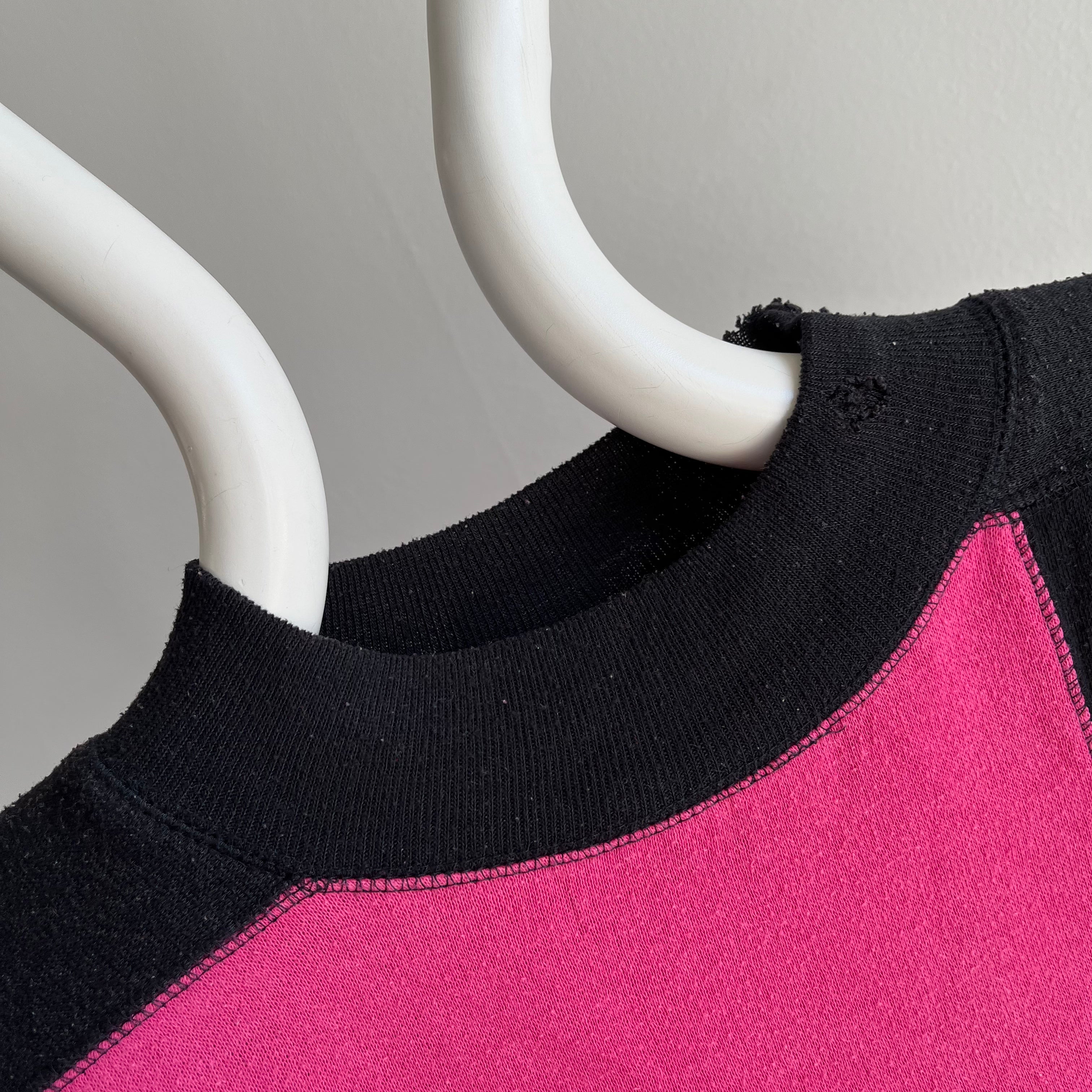 1980s Beat Up Color Block Two Tone Apres Sport Mock Neck Sweatshirt