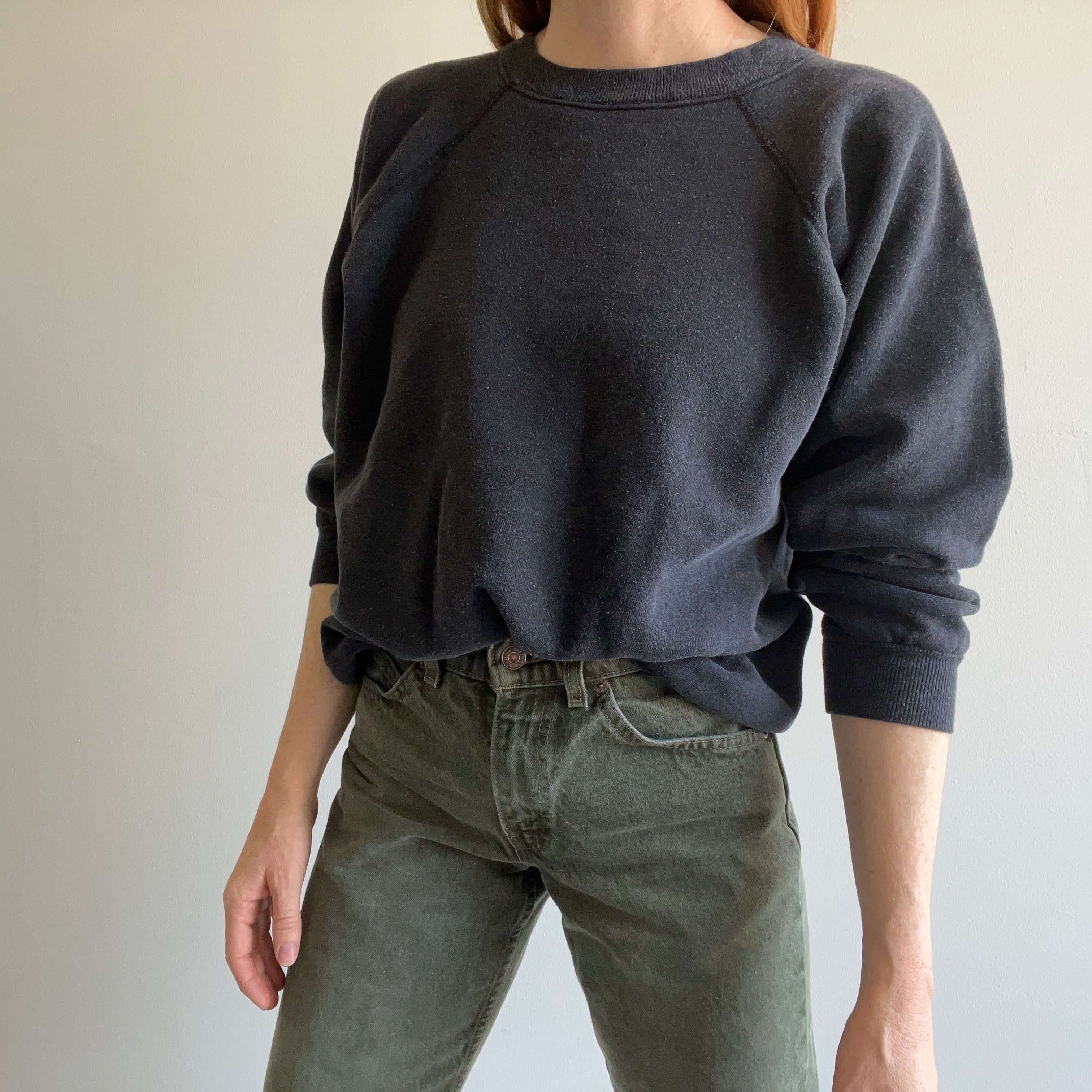 1990s Faded Blank Black Raglan Sweatshirt by Hanes Her Way