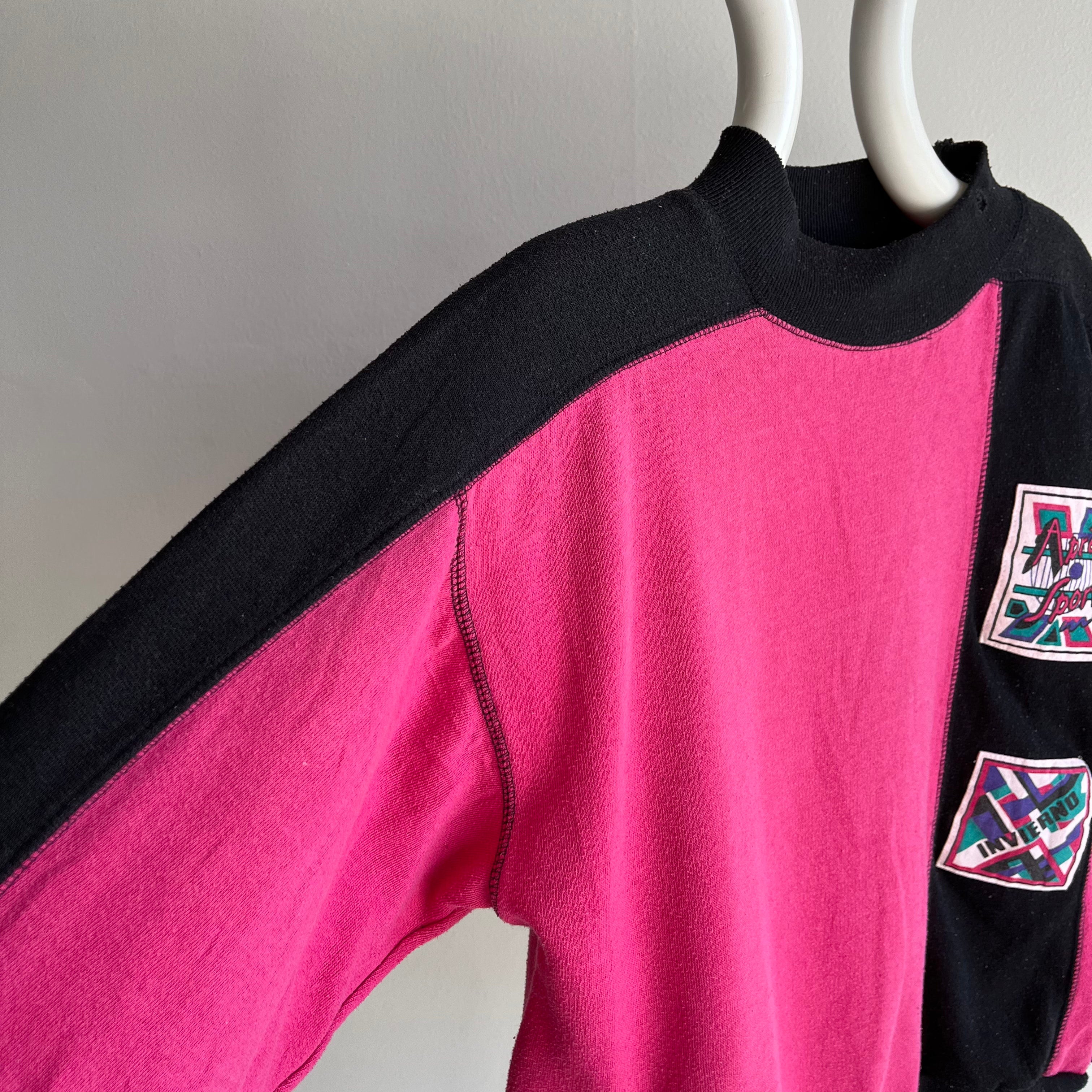 1980s Beat Up Color Block Two Tone Apres Sport Mock Neck Sweatshirt