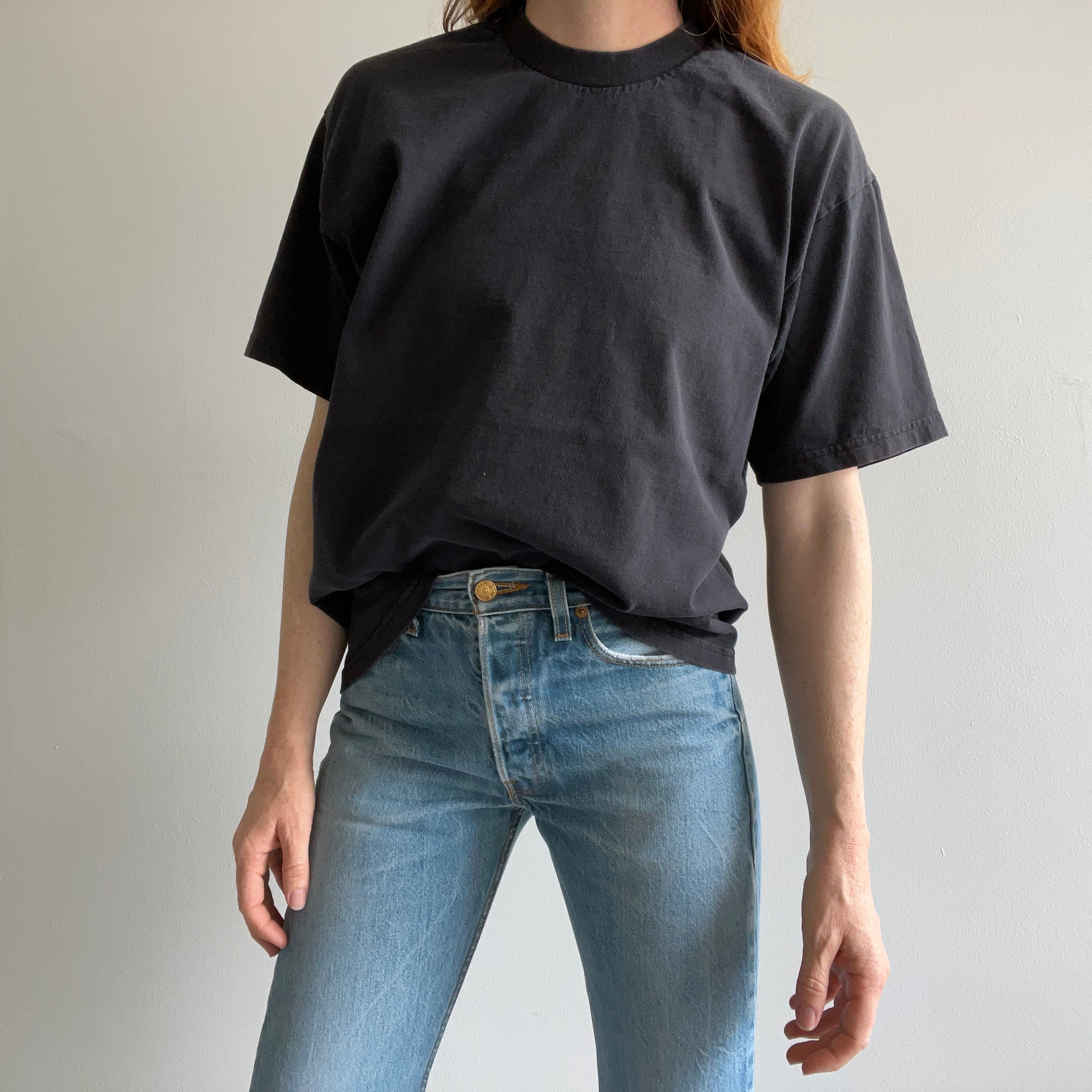 T-shirt en coton épais noir vierge des années 1990