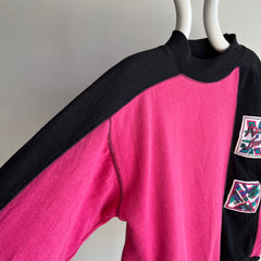 1980s Beat Up Color Block Two Tone Apres Sport Mock Neck Sweatshirt