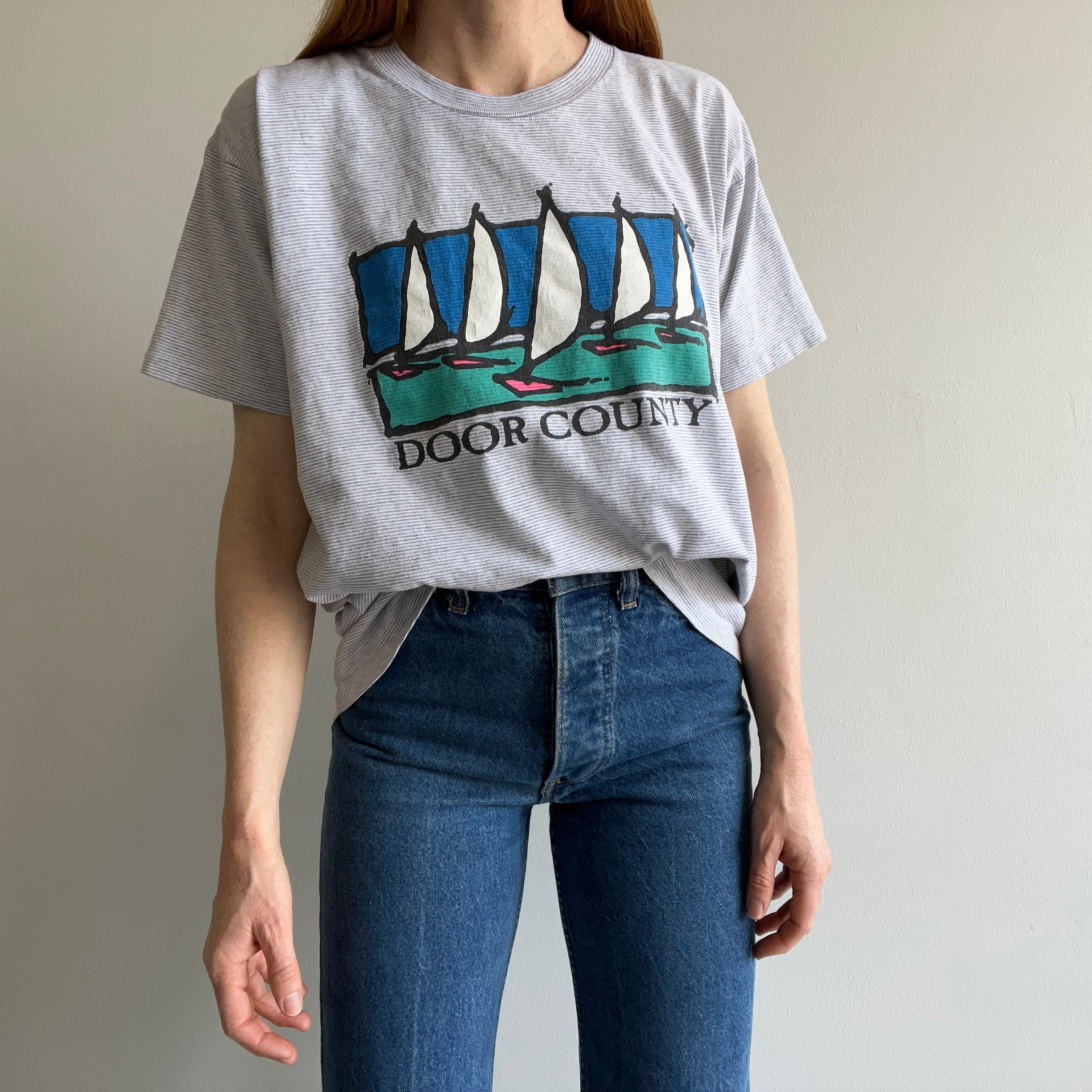 1990s Door County Pinstriped Cotton Tourist T-Shirt