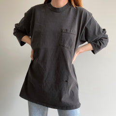 1990s Lee Brand DIY 3/4 Sleeve Faded Black Pocket T-Shirt