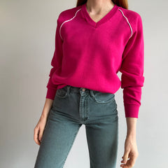 1980s Never Worn (Except this Pic) Hot Pink V-Neck Smaller Sweatshirt