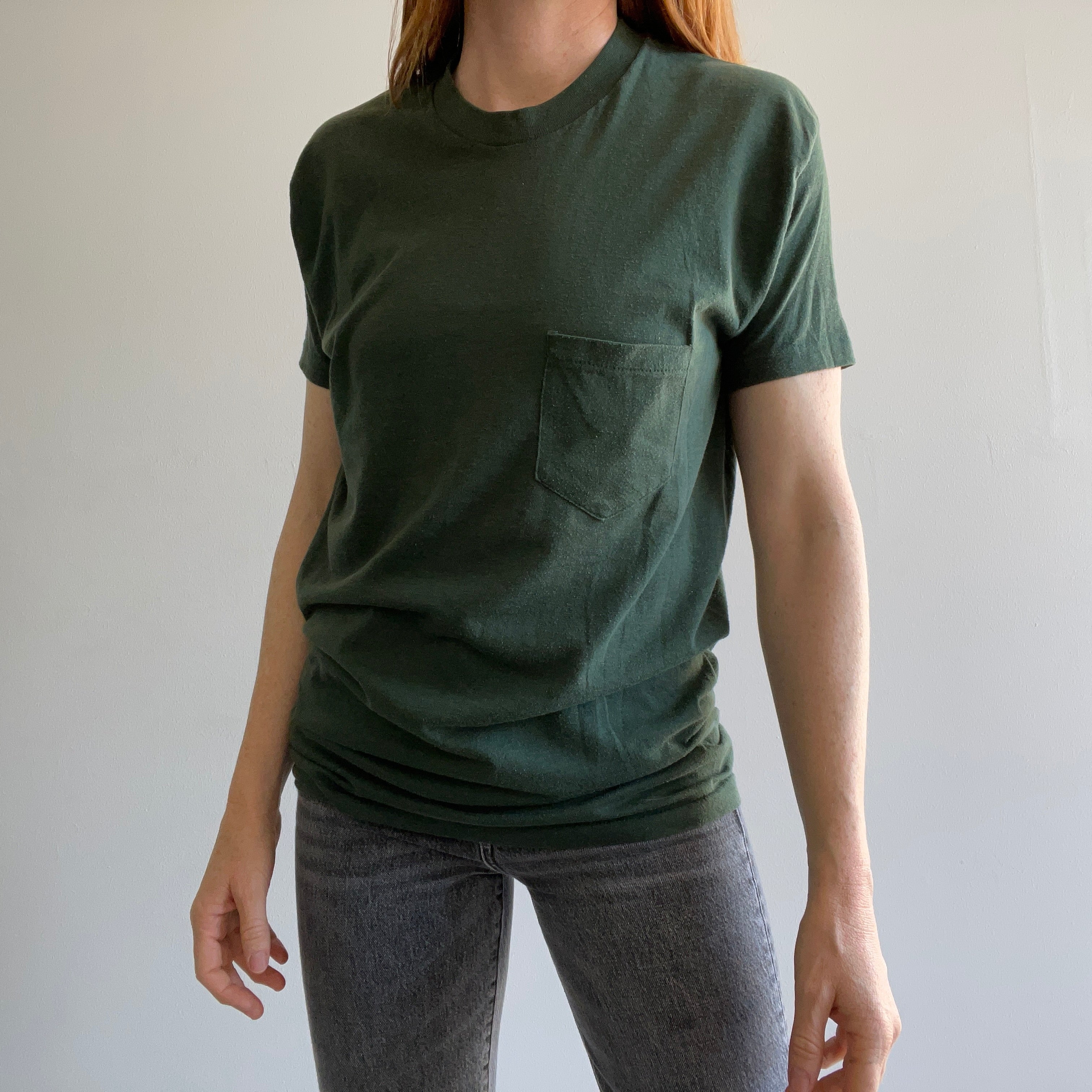 1970s Dark Olive Green Selvedge Triangle Pocket T-Shirt