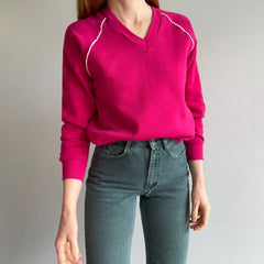 1980s Never Worn (Except this Pic) Hot Pink V-Neck Smaller Sweatshirt