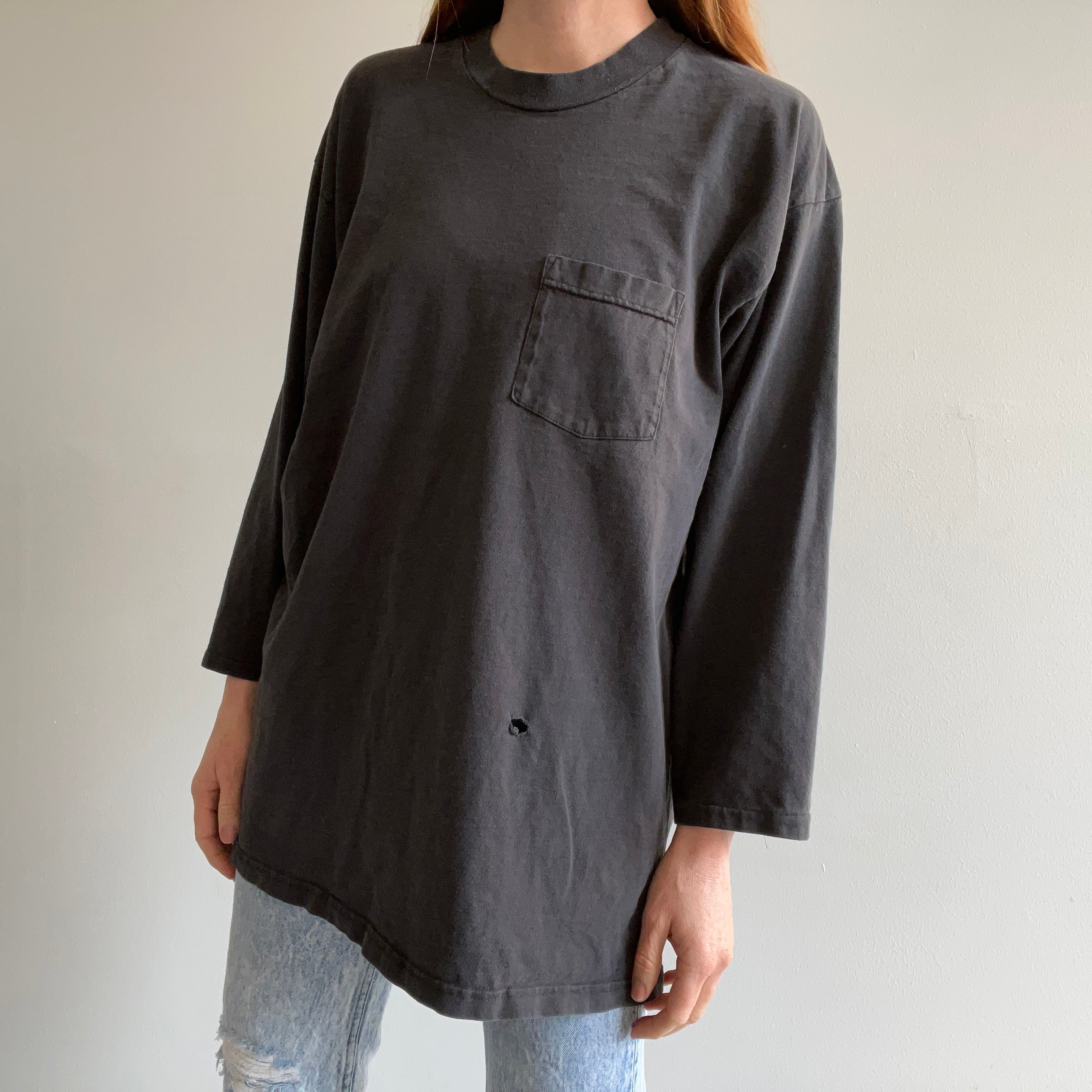 1990s Lee Brand DIY 3/4 Sleeve Faded Black Pocket T-Shirt