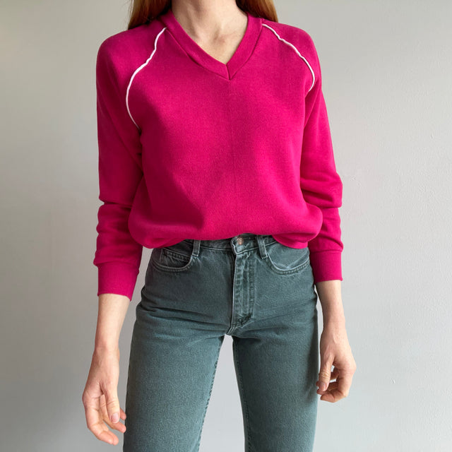 1980s Never Worn (Except this Pic) Hot Pink V-Neck Smaller Sweatshirt