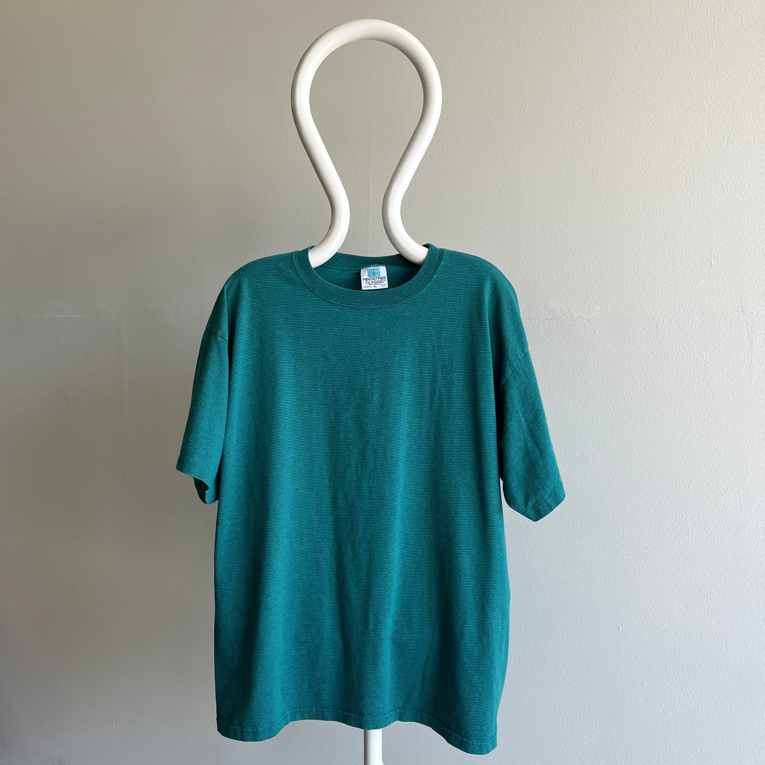 1990s Blank Pinstriped Teal T-Shirt